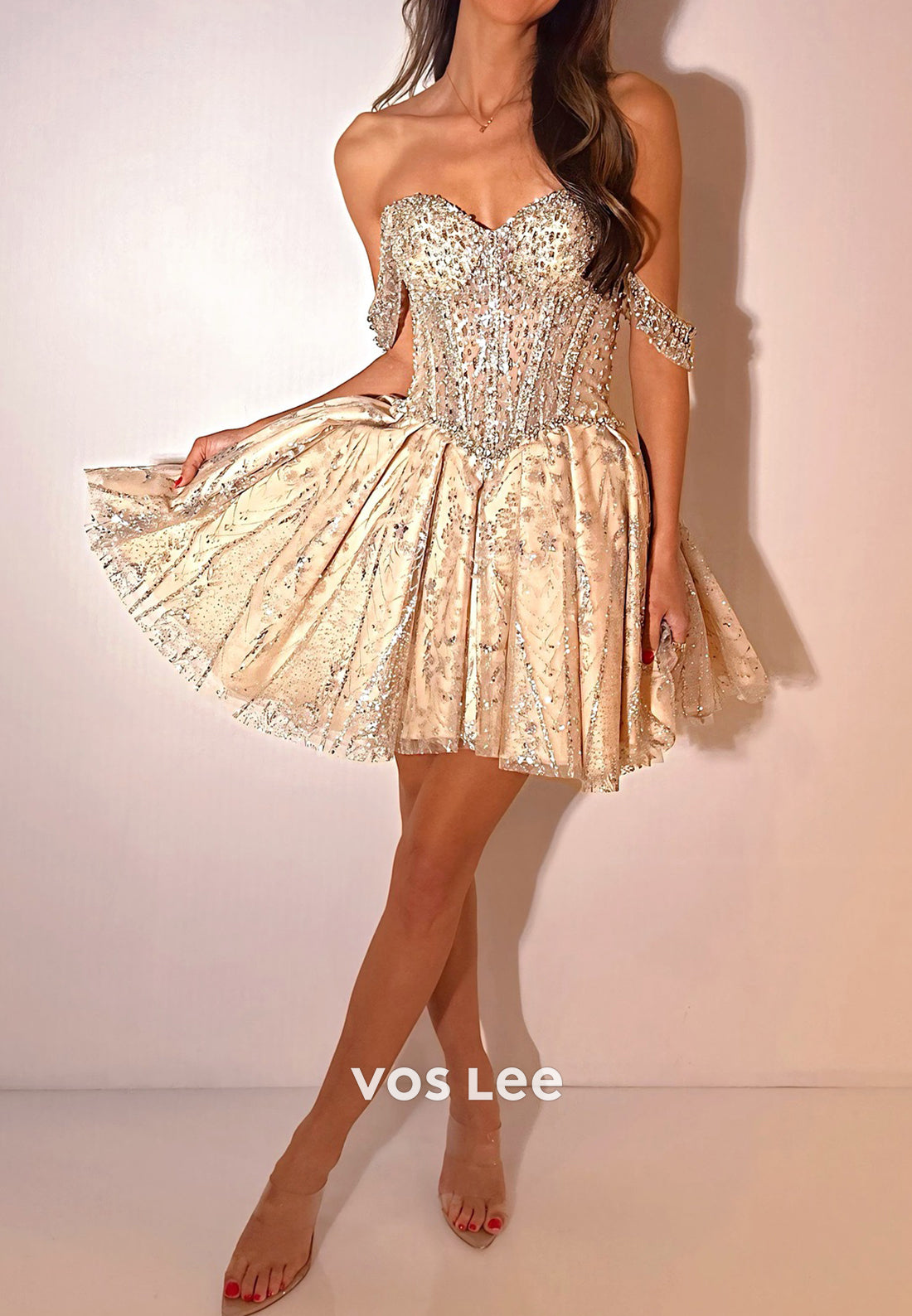 A-Line Off the Shoulder Sequins Rhinestone Embellished Pleated Homecoming Dresses