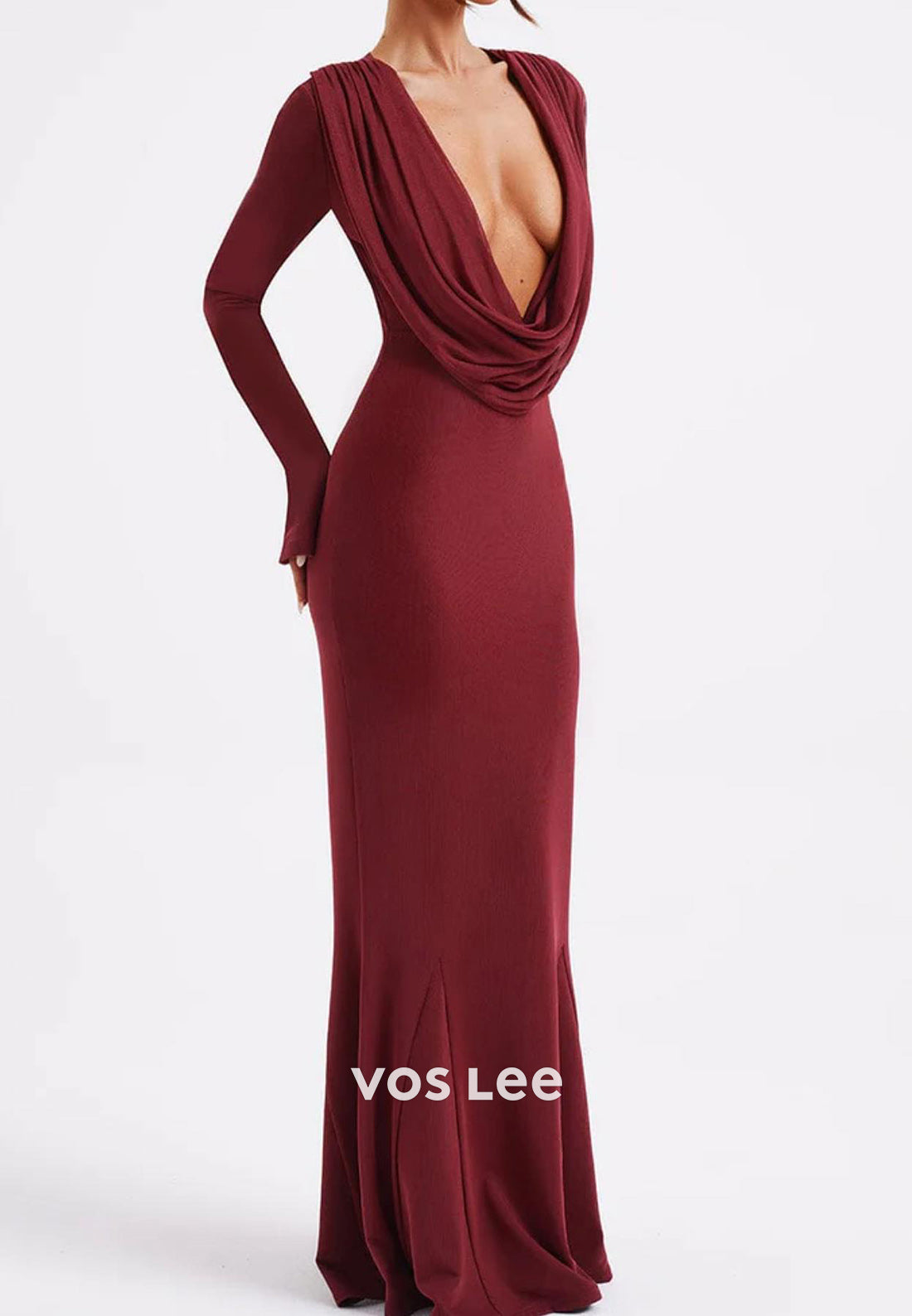Sexy Long Sleeve Burgundy V Neck Pleated Mermaid Floor-Length Evening Dresses