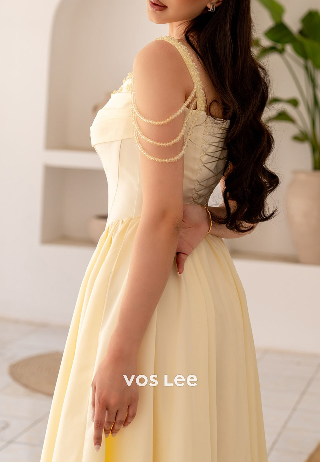 A-Line Scoop Spaghetti Straps Beaded Pleated Long Prom Dresses