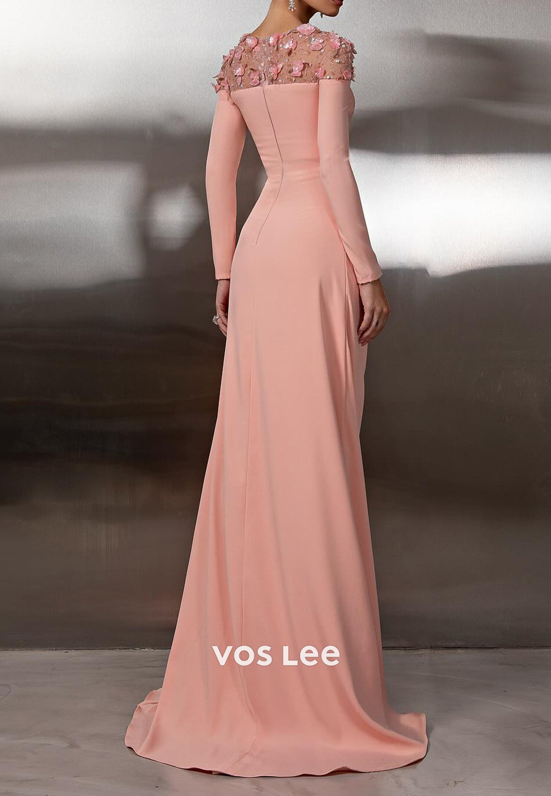 Long Sleeve Illusion Neck Appliques Floor-Length Mermaid Prom Dresses