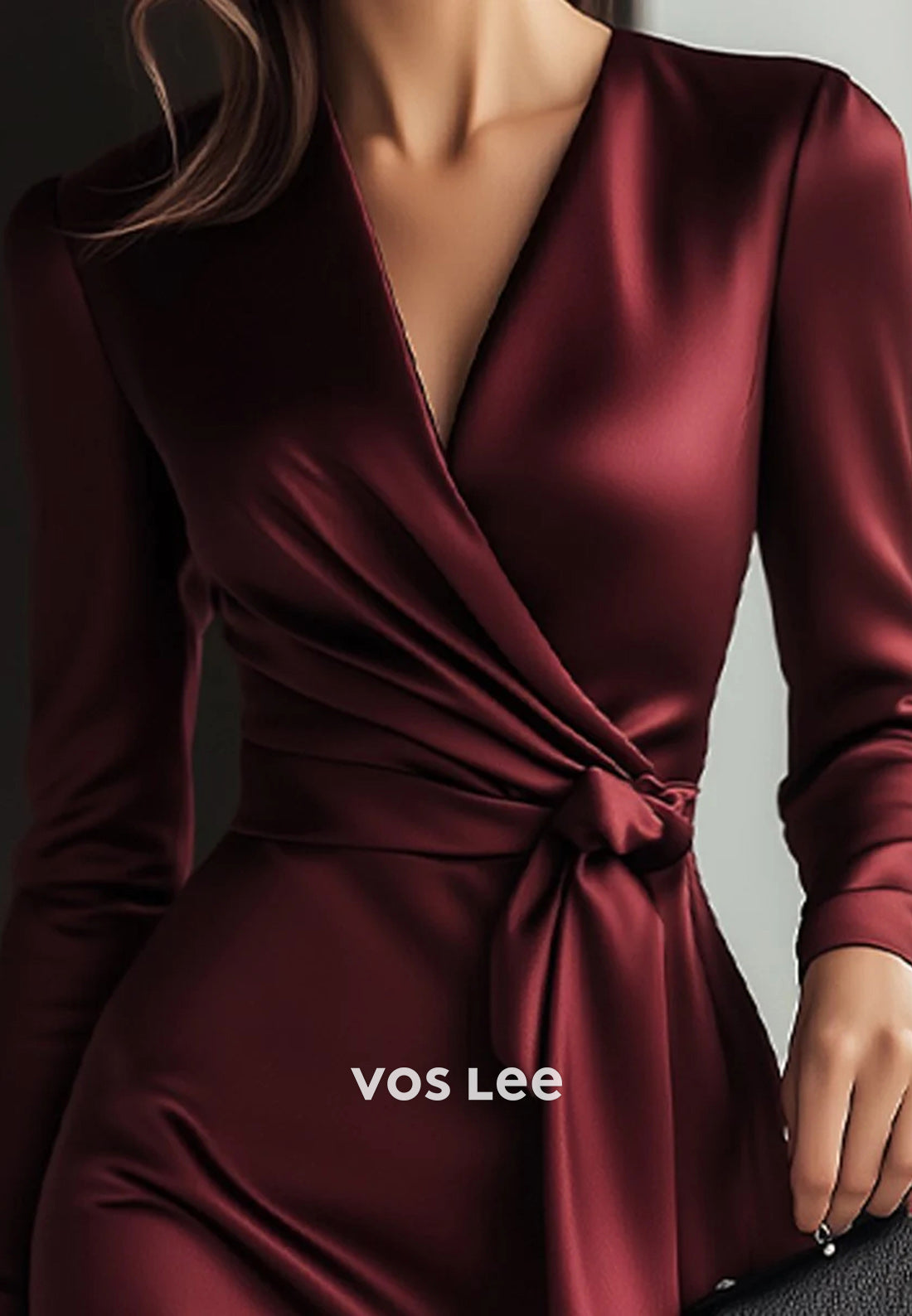 Long Sleeve V Neck Ankle-Length Pleated Sheath Wedding Guest Dresses Party Dresses