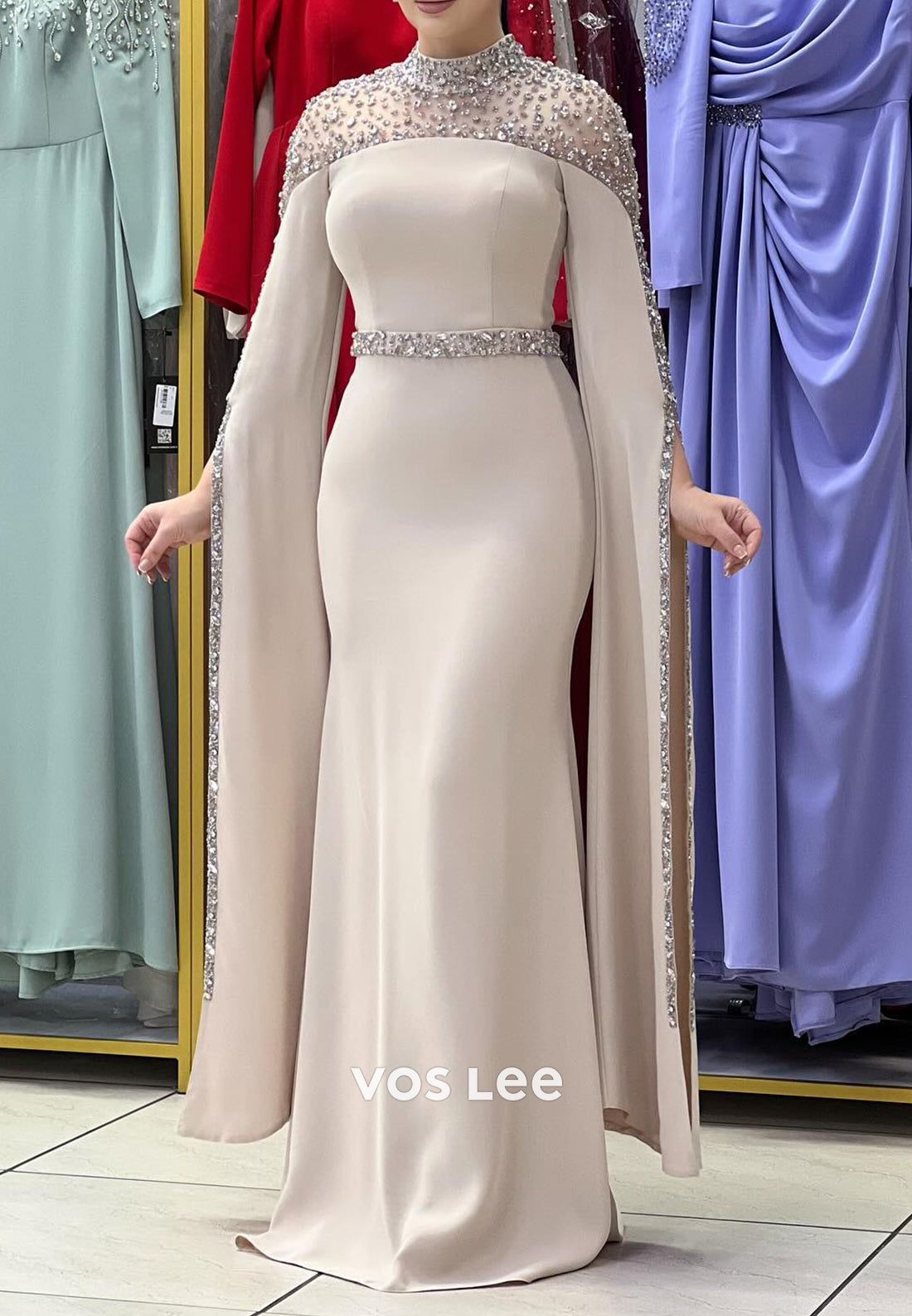Long Sleeve Illusion Neck Rhinestone Embellished Floor-Length Mermaid Evening Dresses