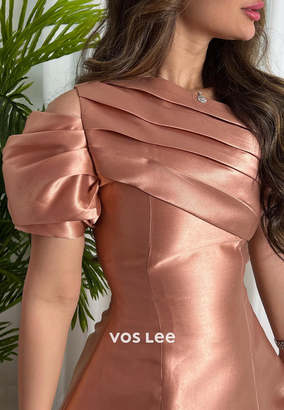 Short Sleeve Asymmetrical Neck Ankle-Length Pleated Evening Dresses