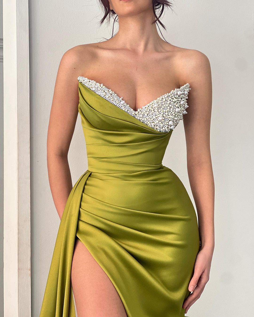 Ornate Column V Neck Sleeveless Ruched Beaded Satin Prom Formal Dress with Split