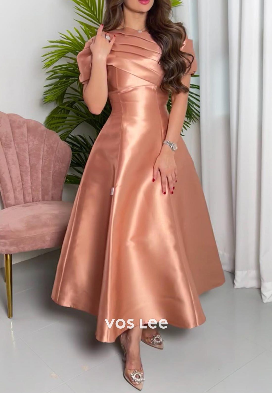Short Sleeve Asymmetrical Neck Ankle-Length Pleated Evening Dresses