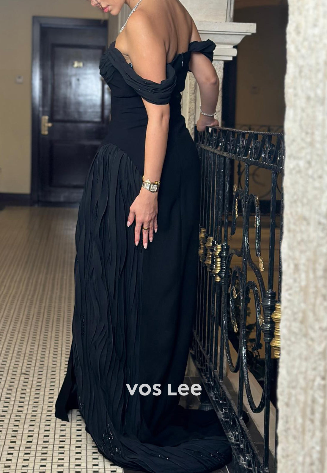 A-Line Off the Shoulder Sequins Pleated Floor-Length Evening Dresses