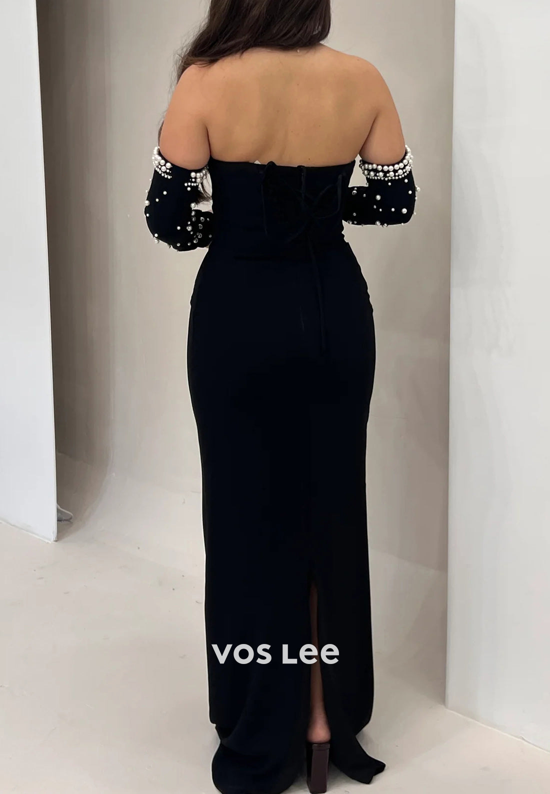 Simple Long Sleeve Strapless Pearls Floor-Length Mermaid Evening Dresses with Split