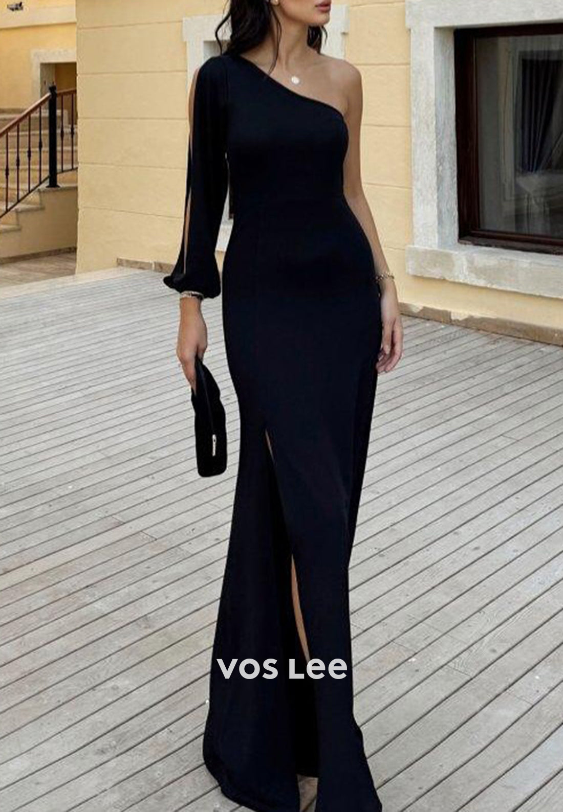 Black Long Sleeve One Shoulder Pleated Mermaid Evening Dresses with High Split