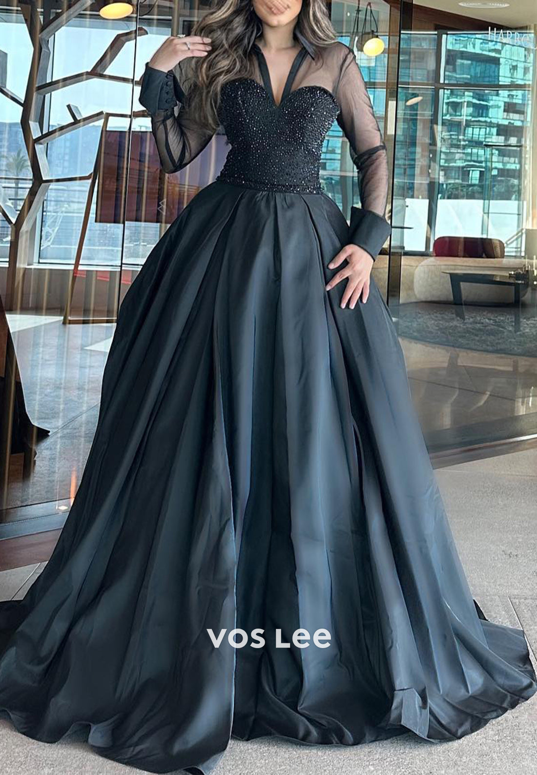 Classic & Simple A-Line Long Sleeve Illusion Neck Pleated Evening Dresses with Court Train