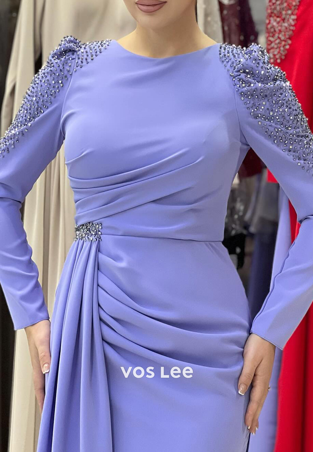 Long Sleeve Scoop Floor-Length Rhinestone Mermaid Evening Dresses with High Split