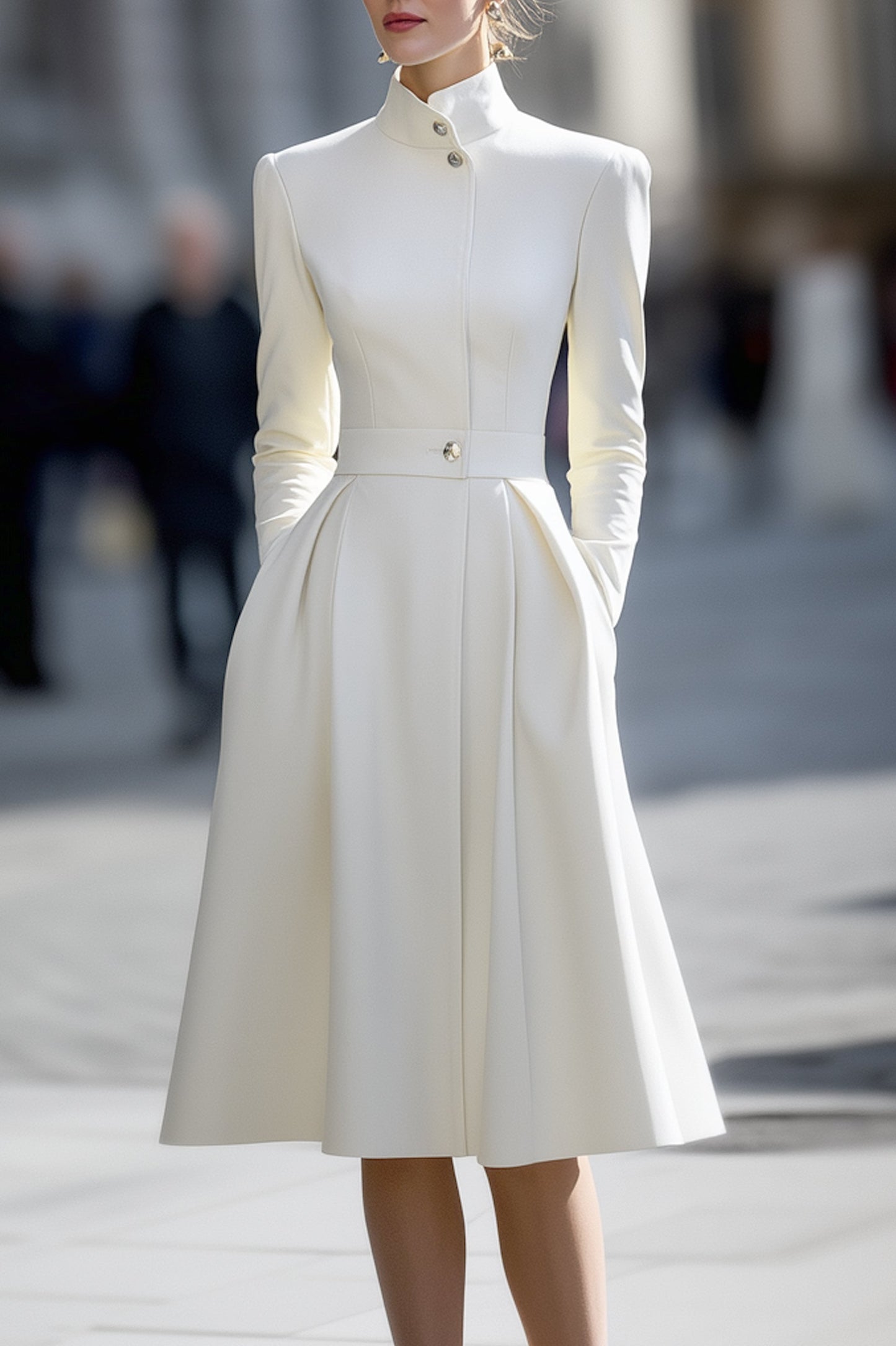 High-Neck Fit-and-Flare Coat Dress In Winter Ivory
