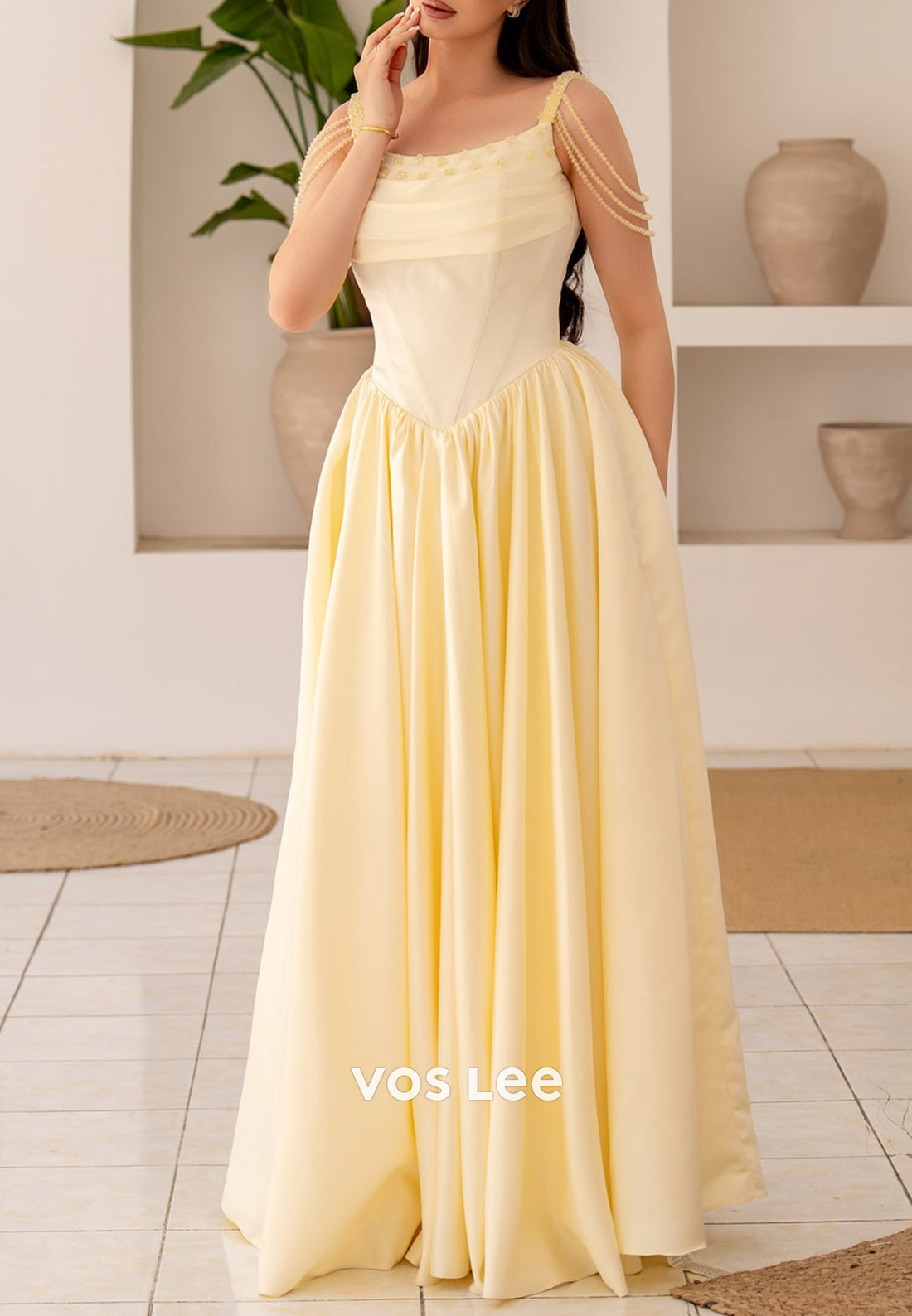 A-Line Scoop Spaghetti Straps Beaded Pleated Long Prom Dresses