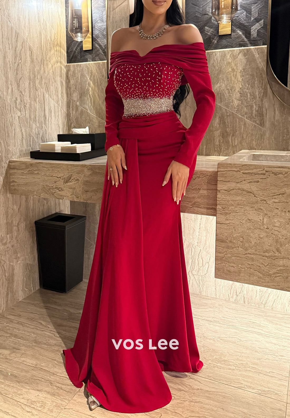 Long Sleeve Off the Shoulder Beaded Pleated Mermaid Evening Dresses with Sweep Train