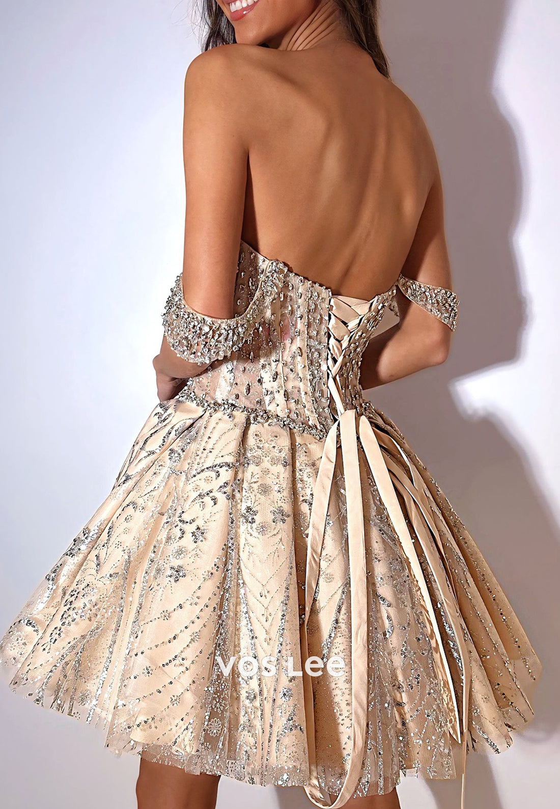 A-Line Off the Shoulder Sequins Rhinestone Embellished Pleated Homecoming Dresses