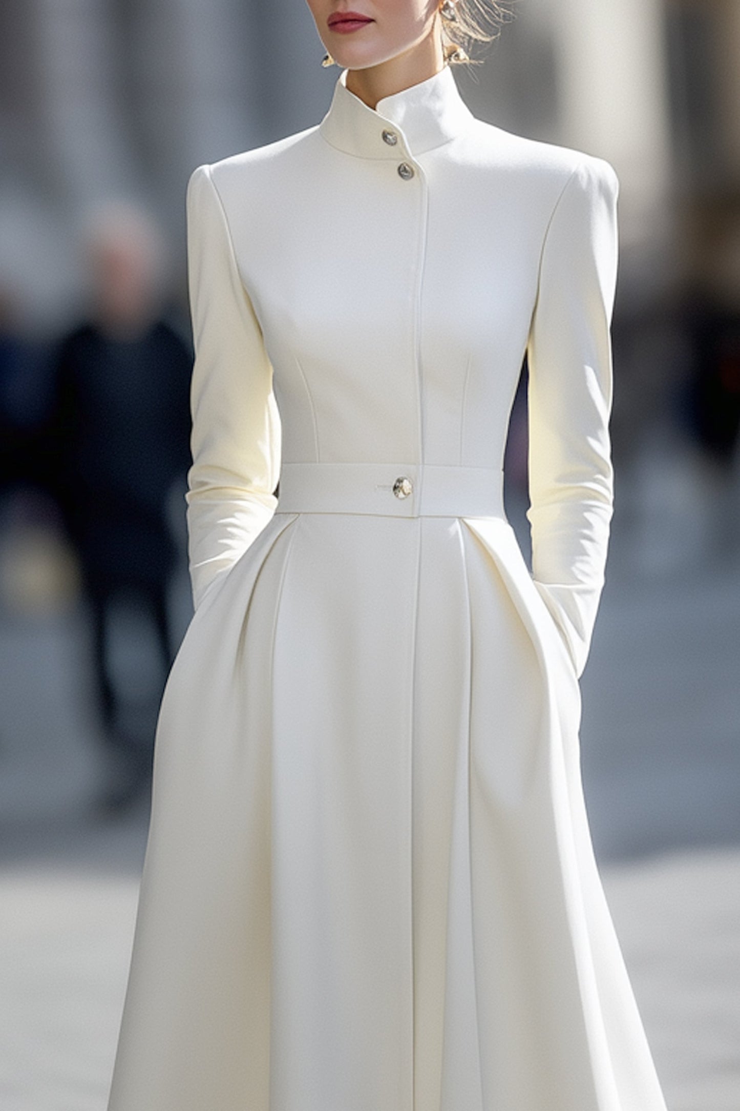 High-Neck Fit-and-Flare Coat Dress In Winter Ivory
