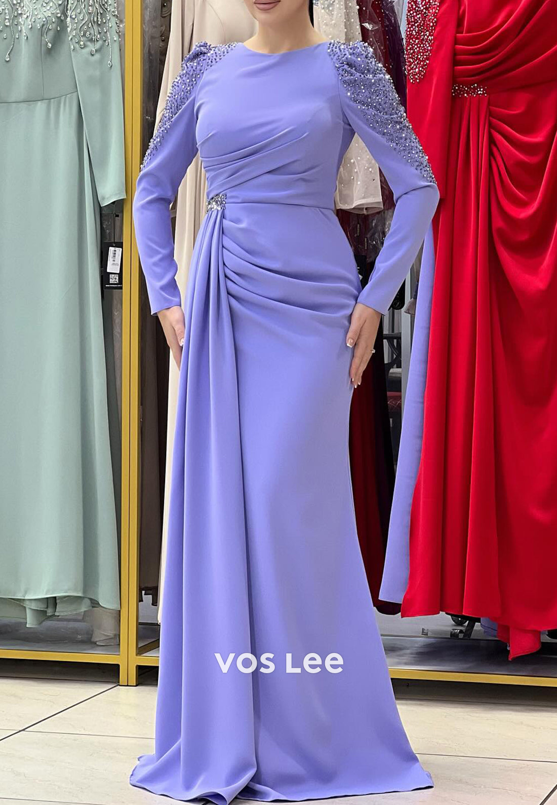 Long Sleeve Scoop Floor-Length Rhinestone Mermaid Evening Dresses with High Split
