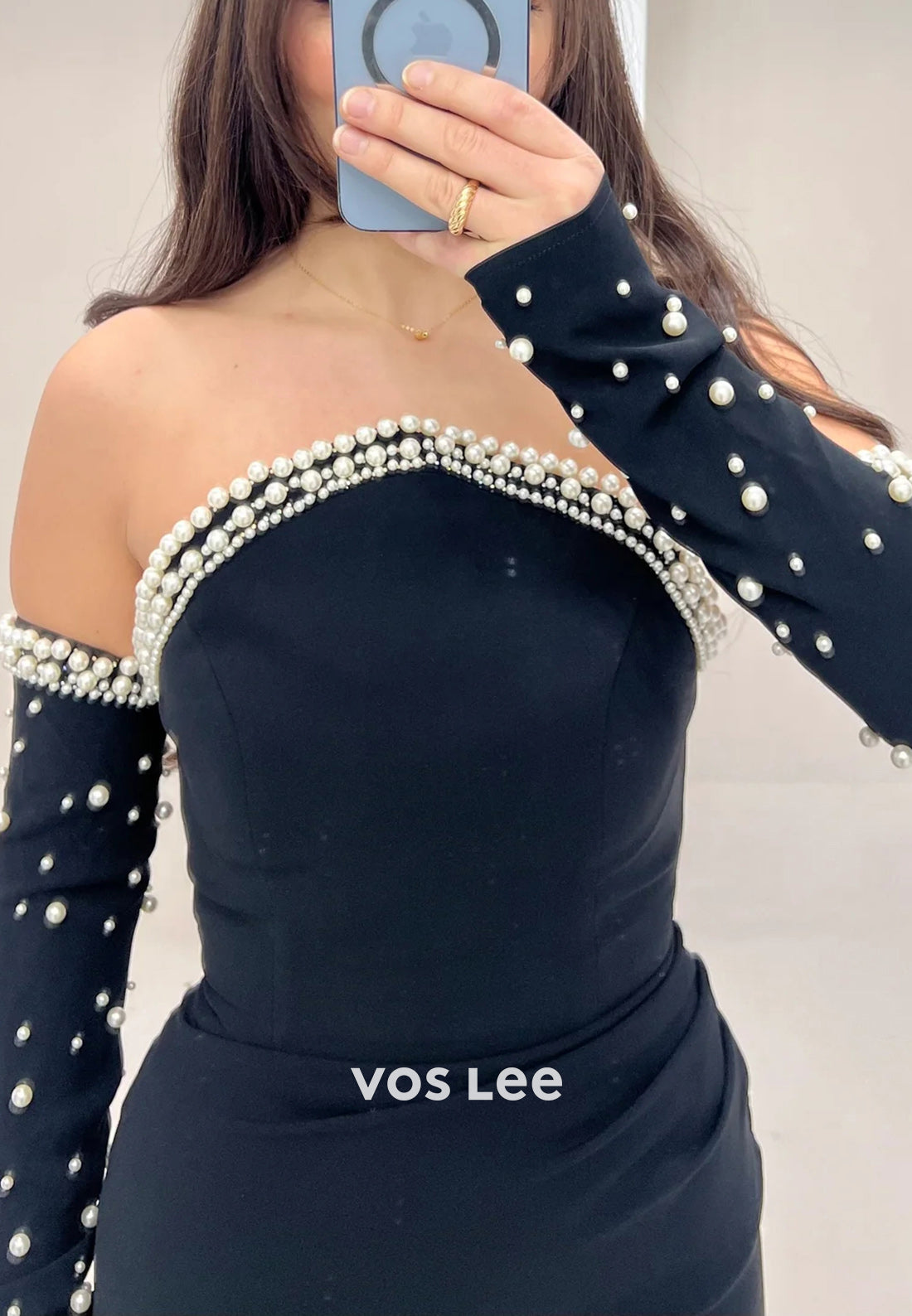 Simple Long Sleeve Strapless Pearls Floor-Length Mermaid Evening Dresses with Split