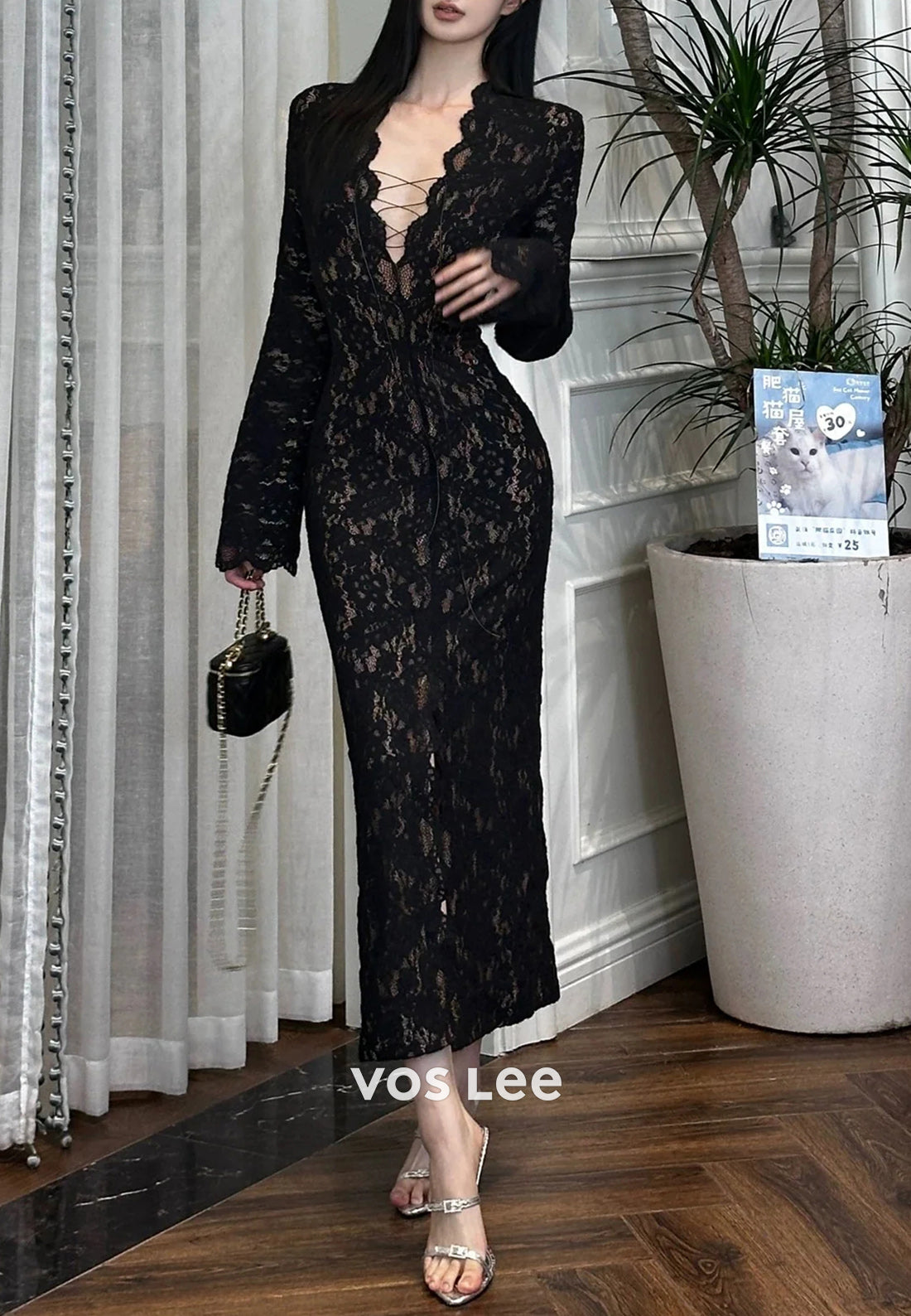 Long Sleeve V Neck Appliques Lace Ankle-Length Sheath Evening Dresses with High Split