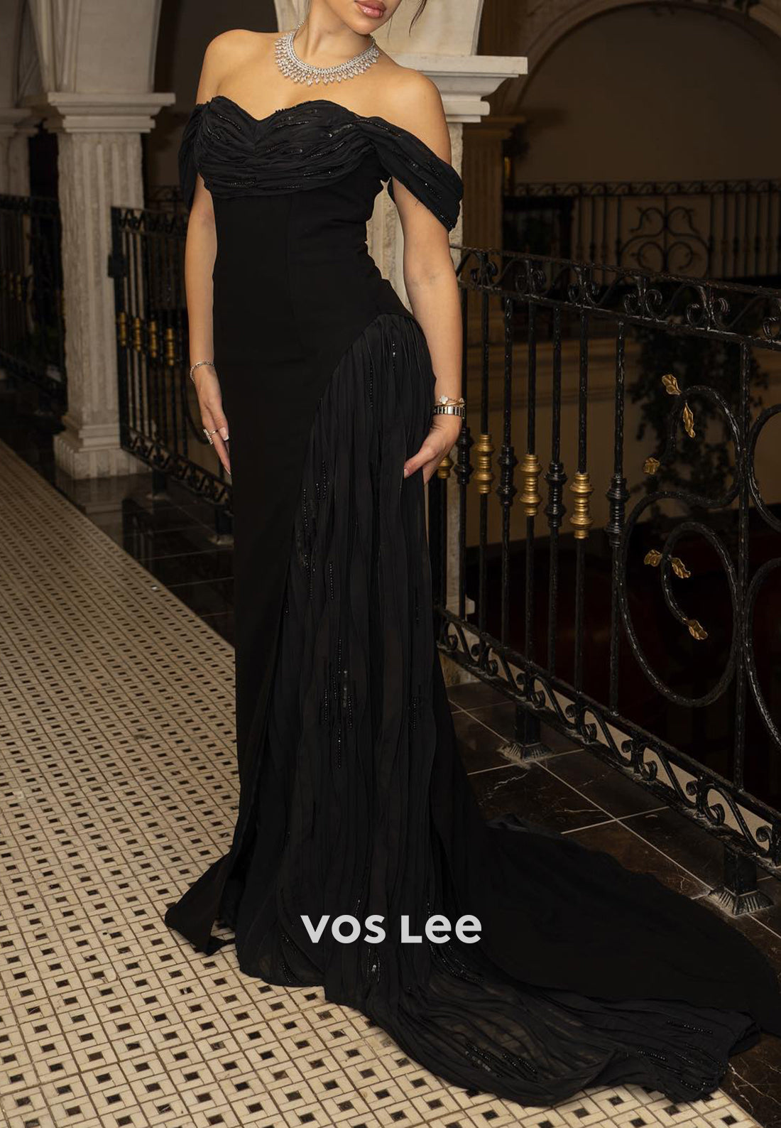 A-Line Off the Shoulder Sequins Pleated Floor-Length Evening Dresses