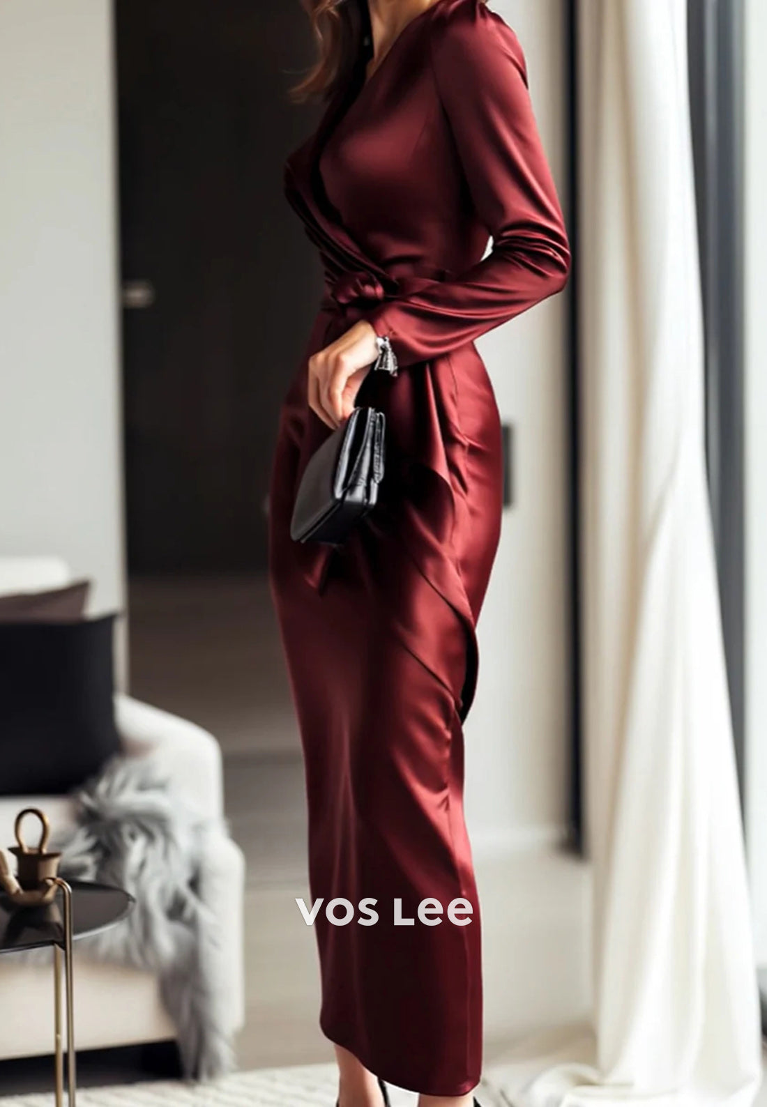 Long Sleeve V Neck Ankle-Length Pleated Sheath Wedding Guest Dresses Party Dresses