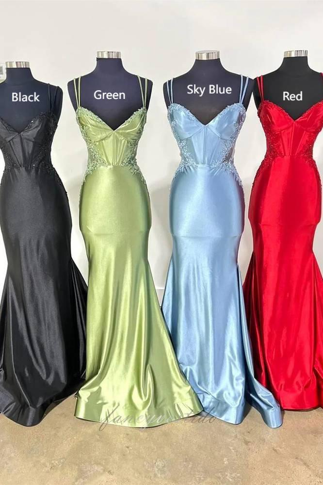 Mermaid Sheath V Neck Illusion Lace Appliques Draped Satin Prom Party Dress
