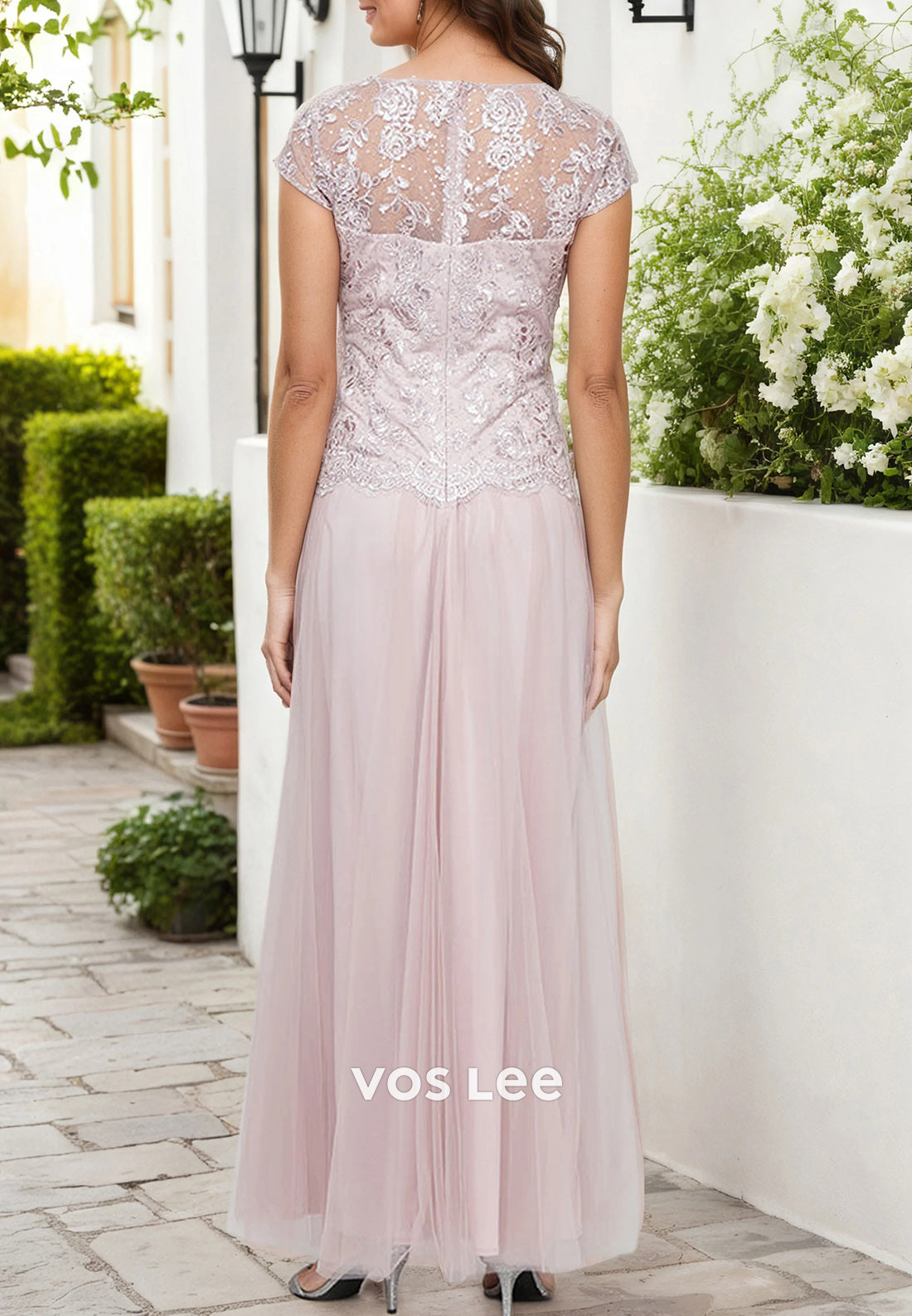 A-Line Cap Sleeves Appliques Lace Pleated Ankle-Length Mother of Bride Dresses