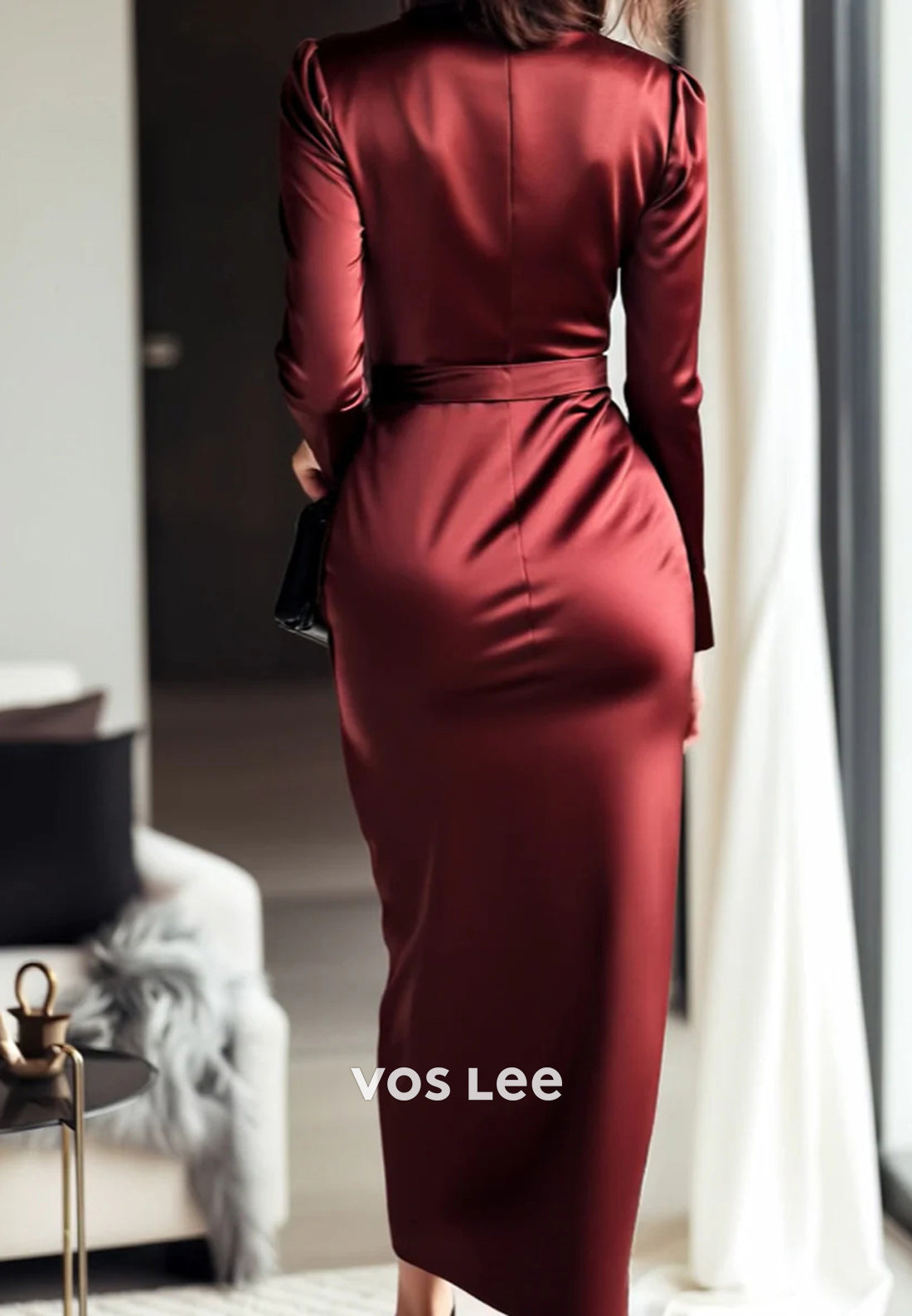 Long Sleeve V Neck Ankle-Length Pleated Sheath Wedding Guest Dresses Party Dresses