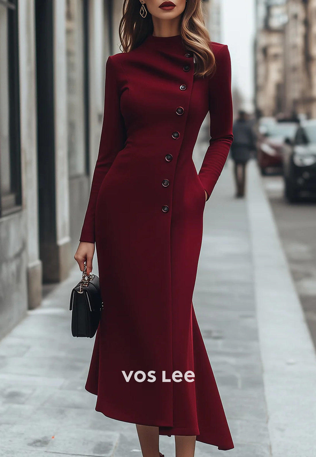 Simple Long Sleeve High Neck Tea-Length Pleated Mermaid Wedding Guest Dresses