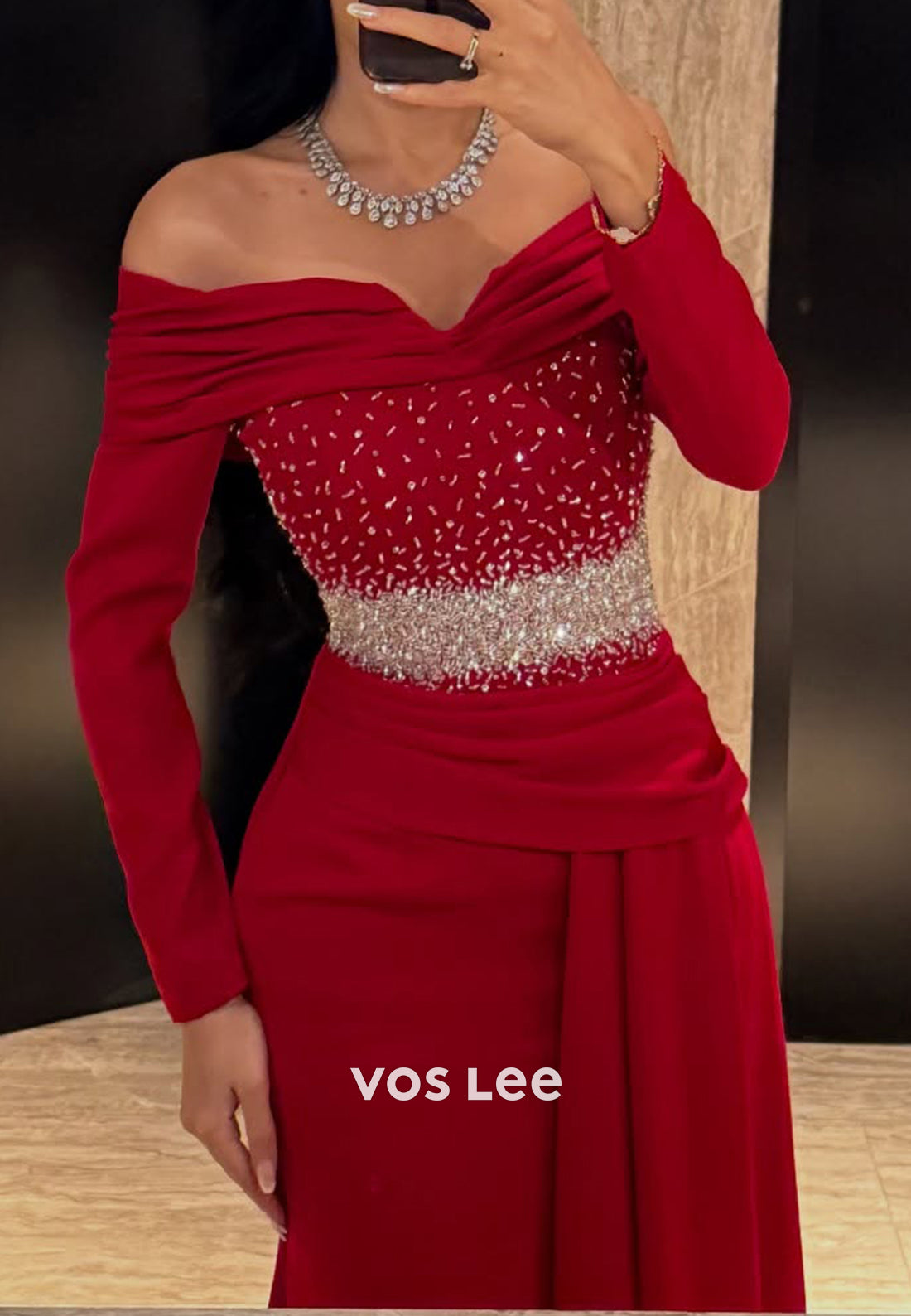 Long Sleeve Off the Shoulder Beaded Pleated Mermaid Evening Dresses with Sweep Train