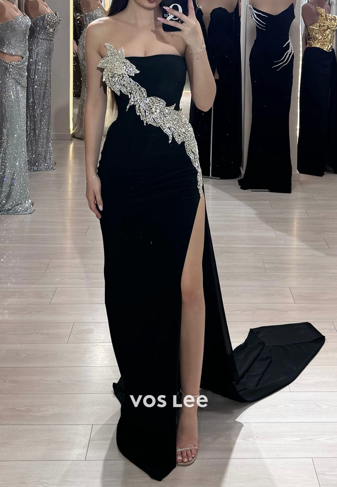 Sparkling Strapless Rhinestone Embellished Mermaid Evening Dresses with High Split