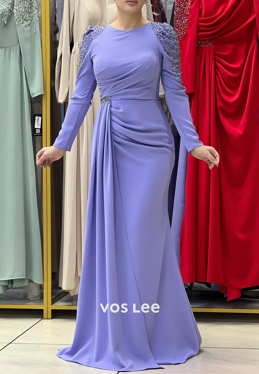 Long Sleeve Scoop Floor-Length Rhinestone Mermaid Evening Dresses with High Split