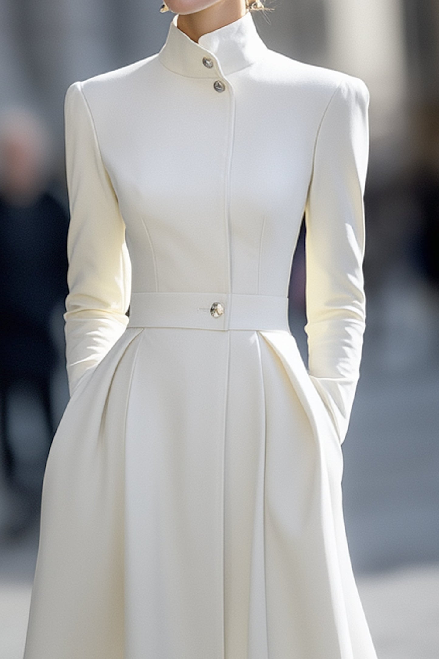 High-Neck Fit-and-Flare Coat Dress In Winter Ivory