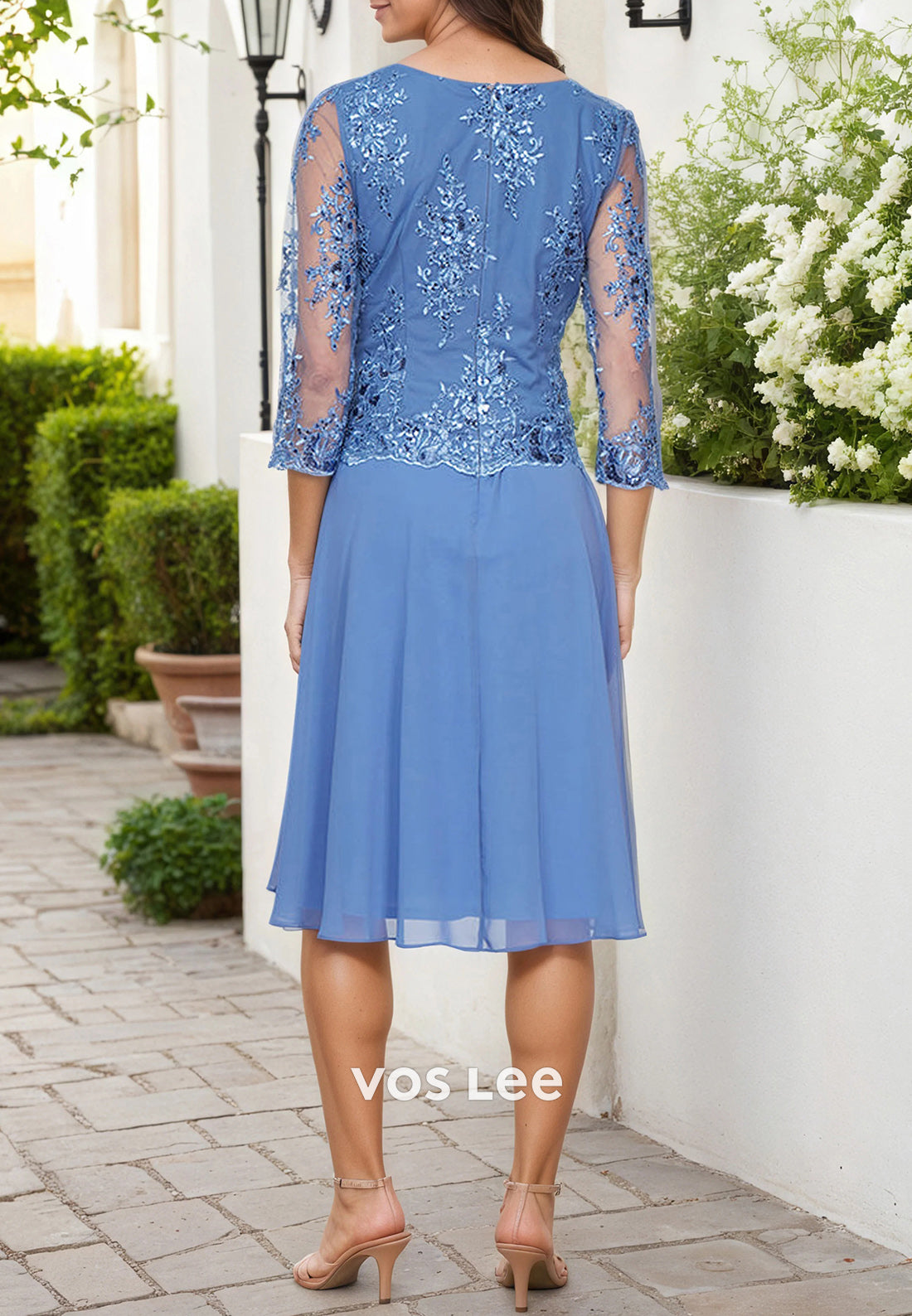 Simple & Casual A-Line 3/4 Sleeve V Neck Appliqued Tea-Length Mother of Bride Dresses