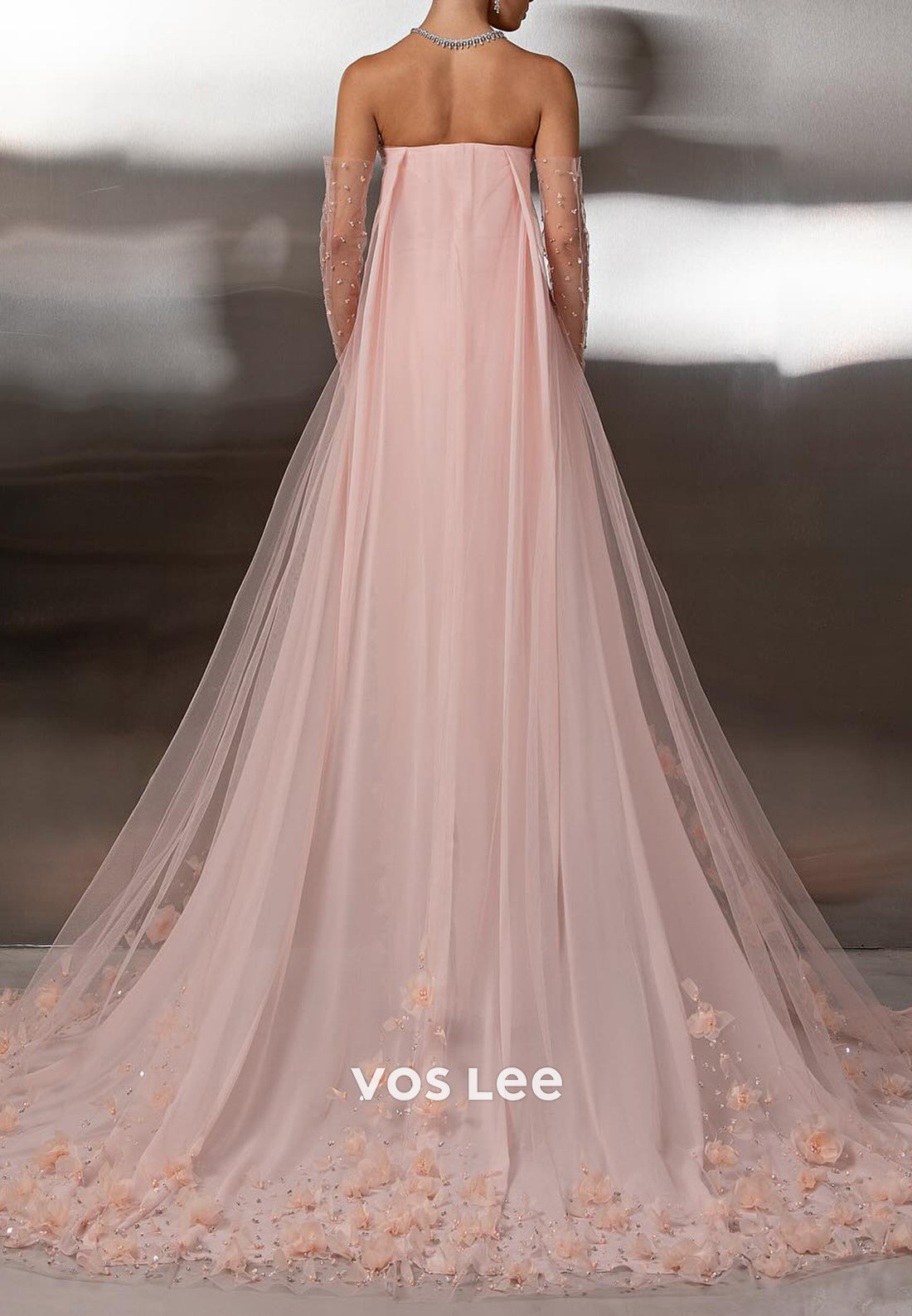 Tube Top Floral Embellished Pleated Mermaid Prom Dresses with Court Train