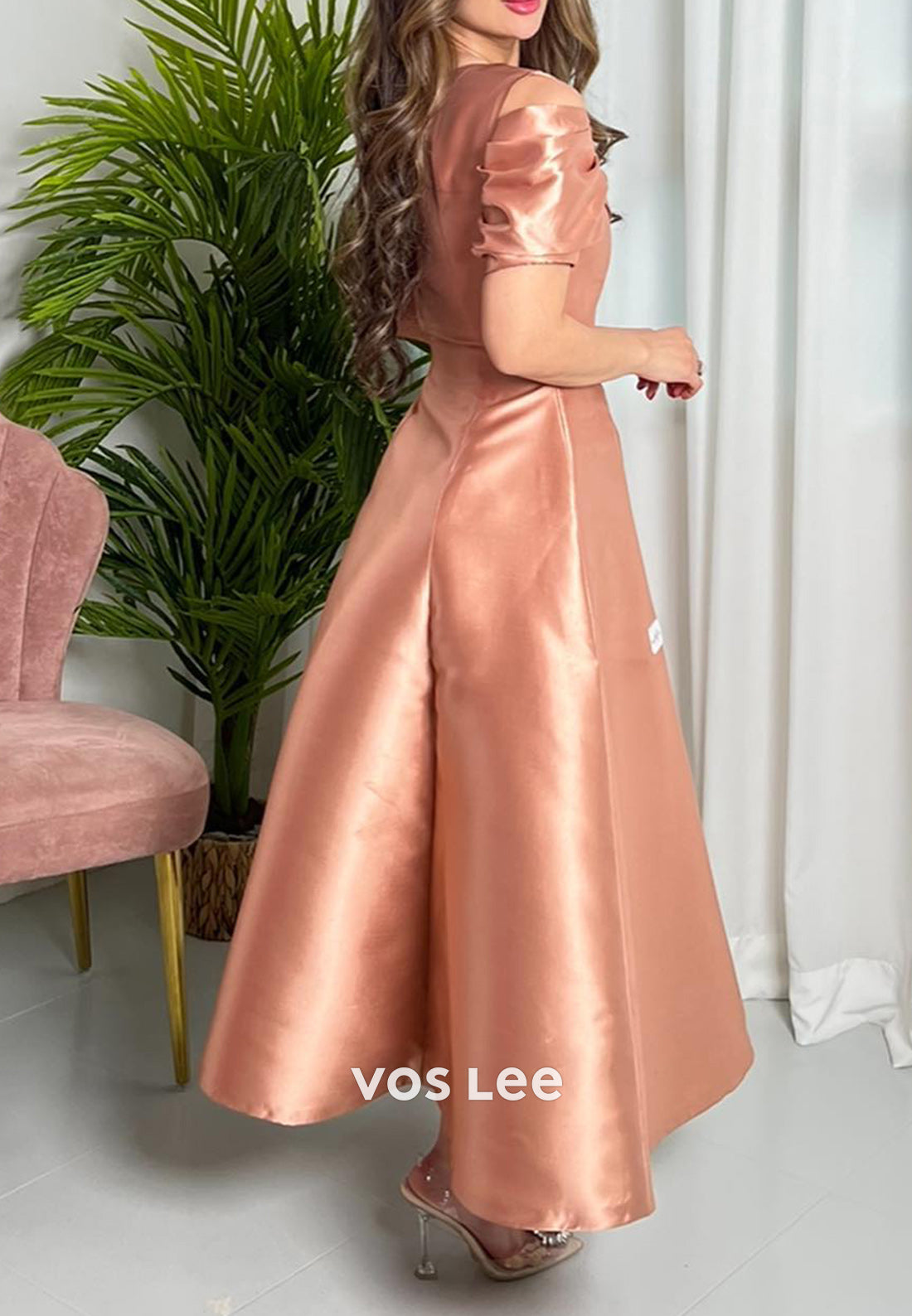 Short Sleeve Asymmetrical Neck Ankle-Length Pleated Evening Dresses