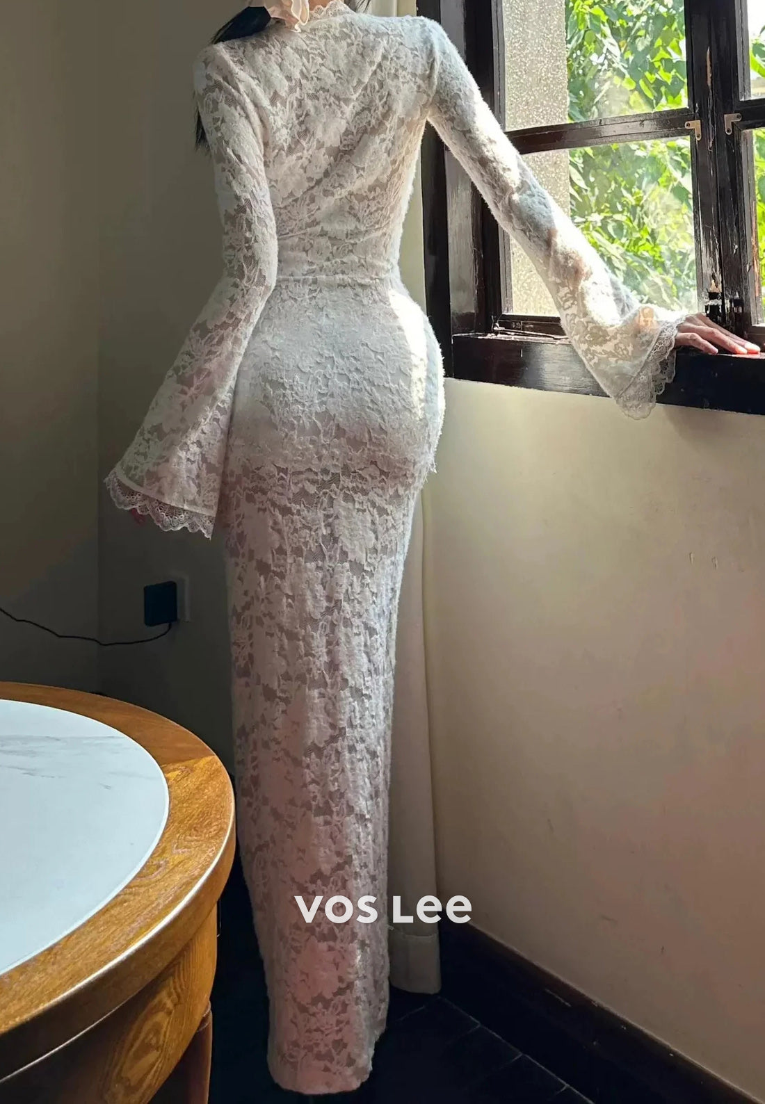 Bell Sleeves V Neck Appliques Lace Mermaid Ankle-Length Evening Dresses with High Split