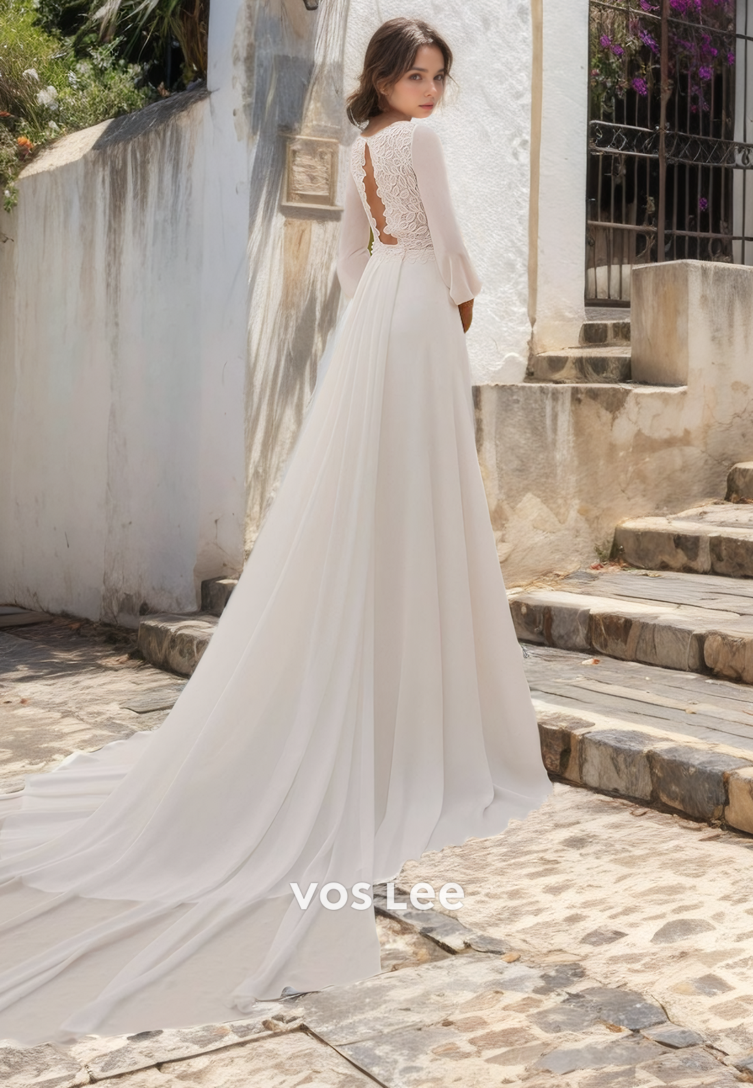 Elegant Scoop Chiffon Formal Wedding Dress with Long Sleeves Long Train Backless Wedding Dresses