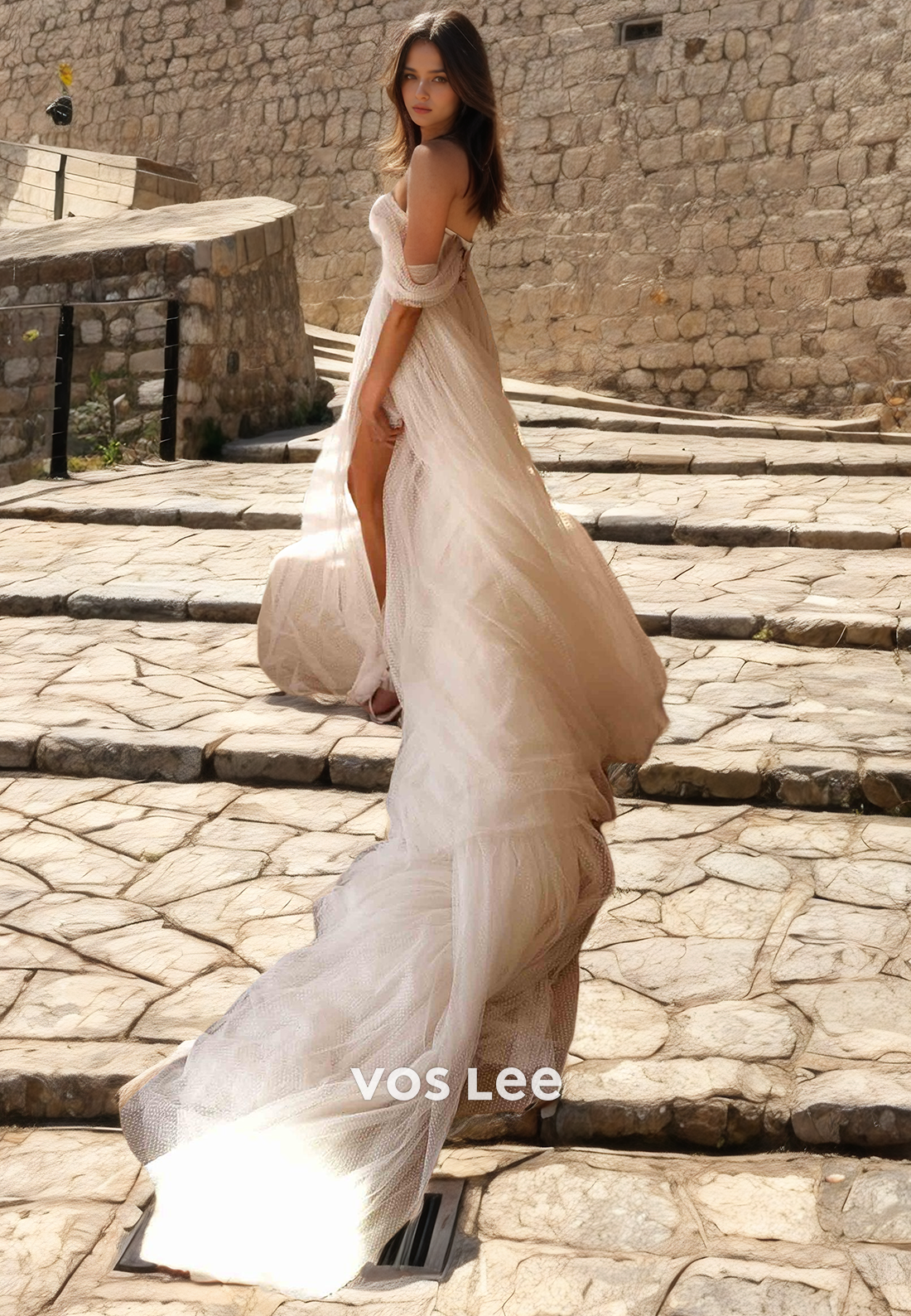A-Line Sweetheart Tulle Off-Shoulder Formal Wedding Dress Long Train Bride Dress with Side Slit