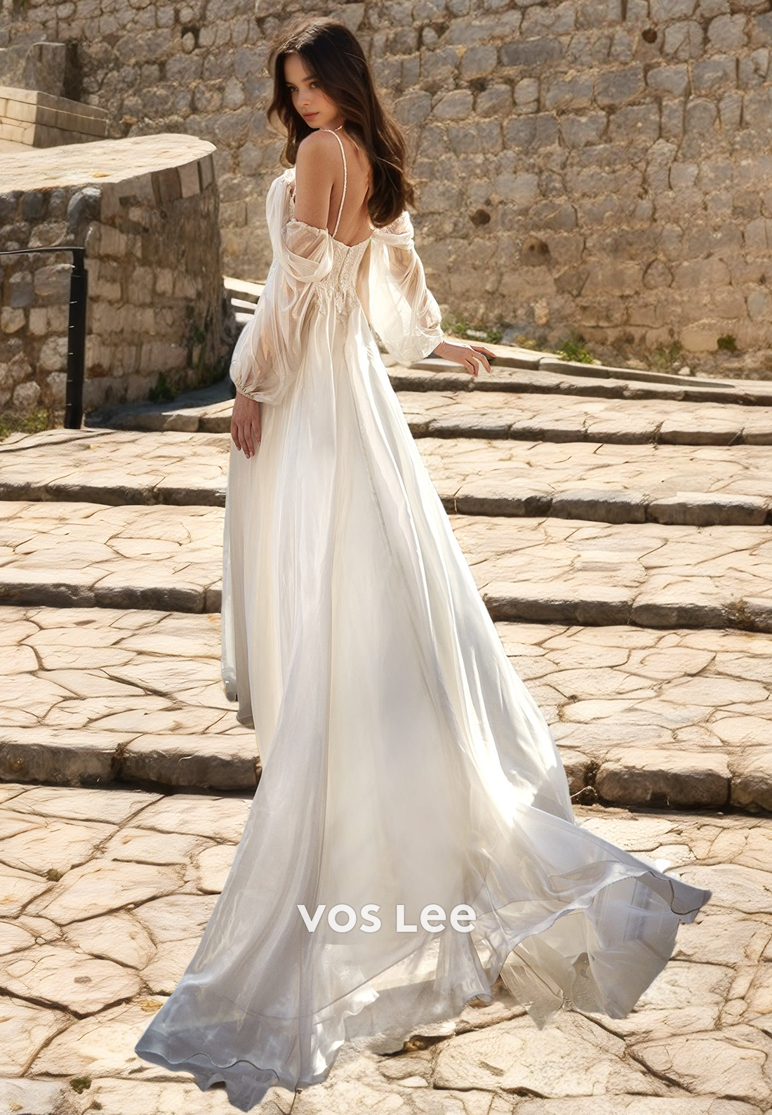 Fancy Sweetheart A-Line Wedding Dress Spaghetti Straps Chiffon Bridal Evening Dress with Slit