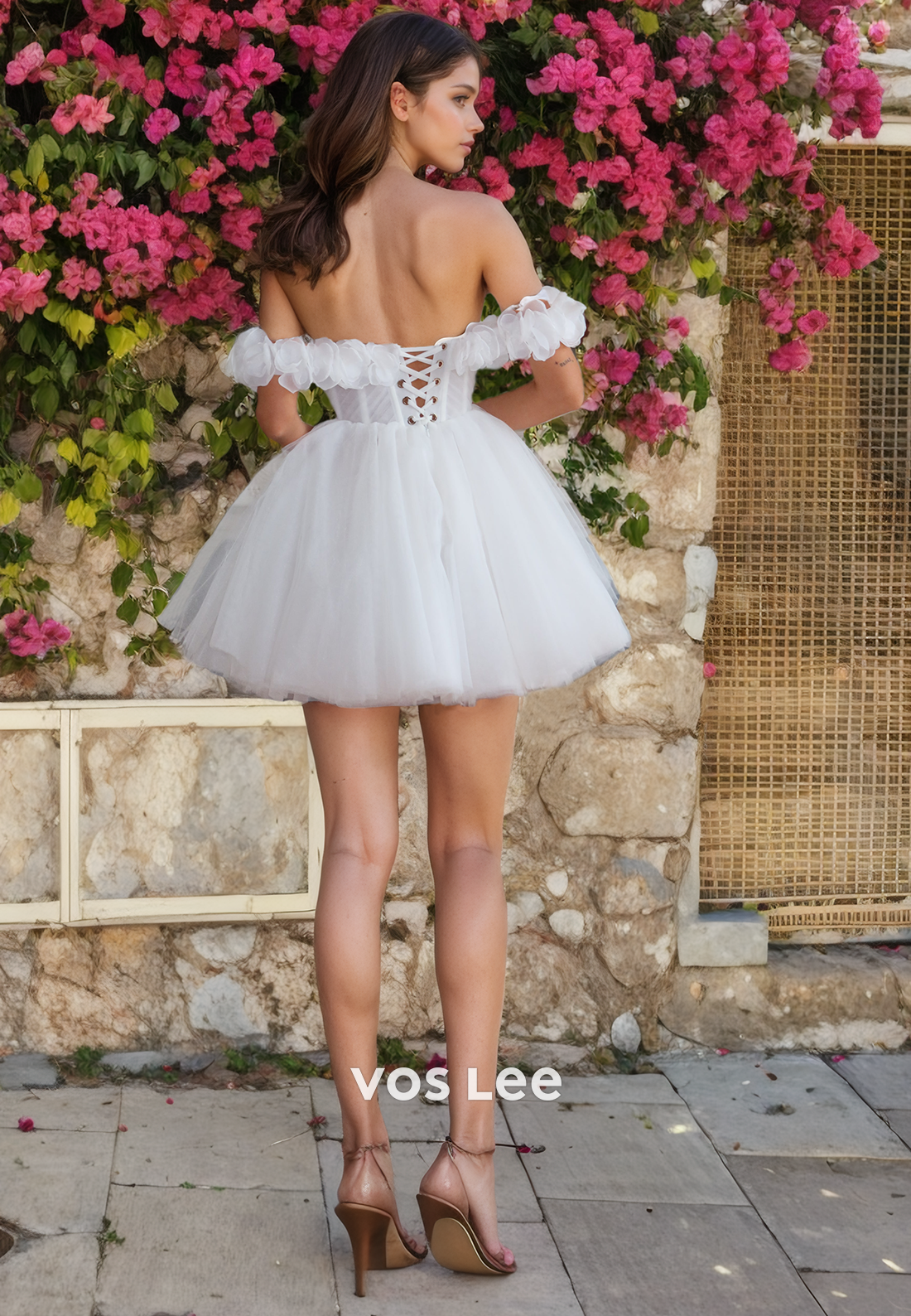 Fancy Off-Shoulder Short Formal Wedding Gown 3D Flowers Lace Up Princess Dress