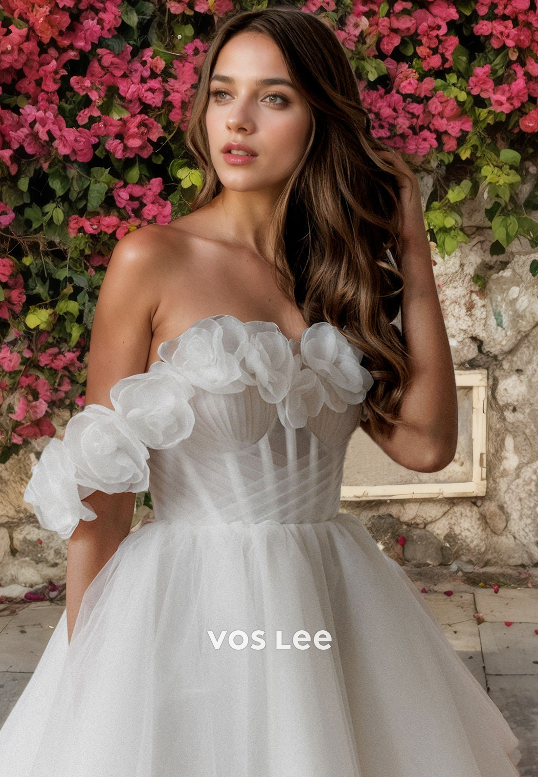 Fancy Off-Shoulder Short Formal Wedding Gown 3D Flowers Lace Up Princess Dress