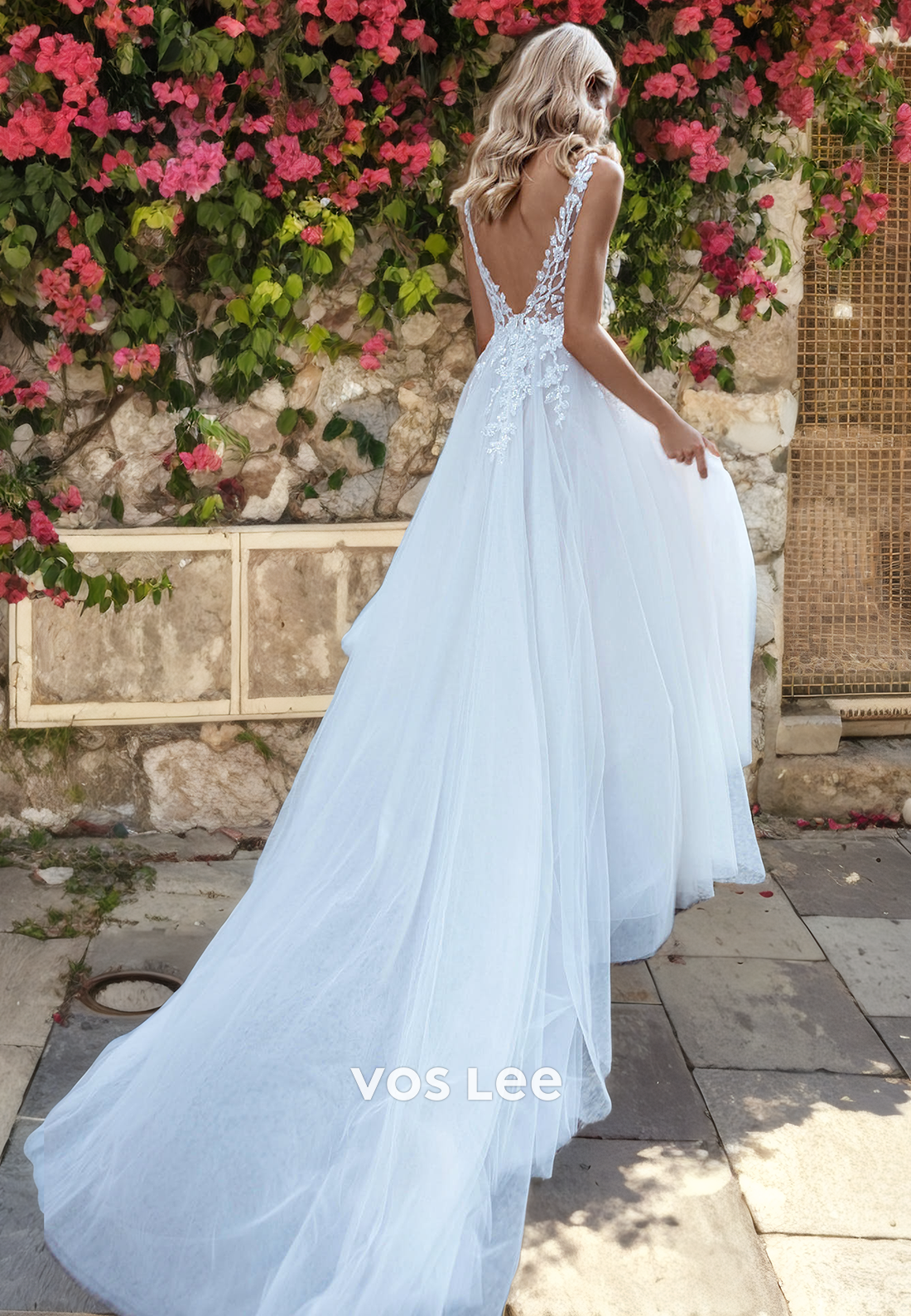 Boho A-Line Low-V-Neck Tulle Wedding Dress with High Slit