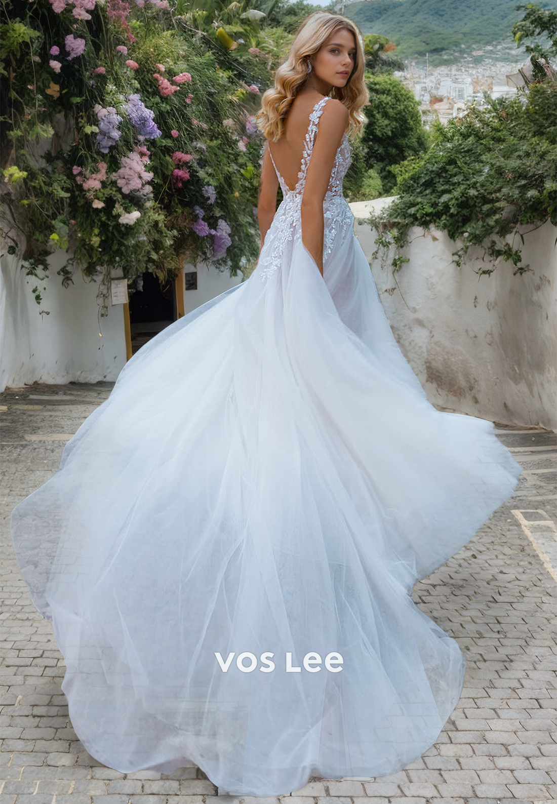 Boho A-Line Low-V-Neck Tulle Wedding Dress with High Slit