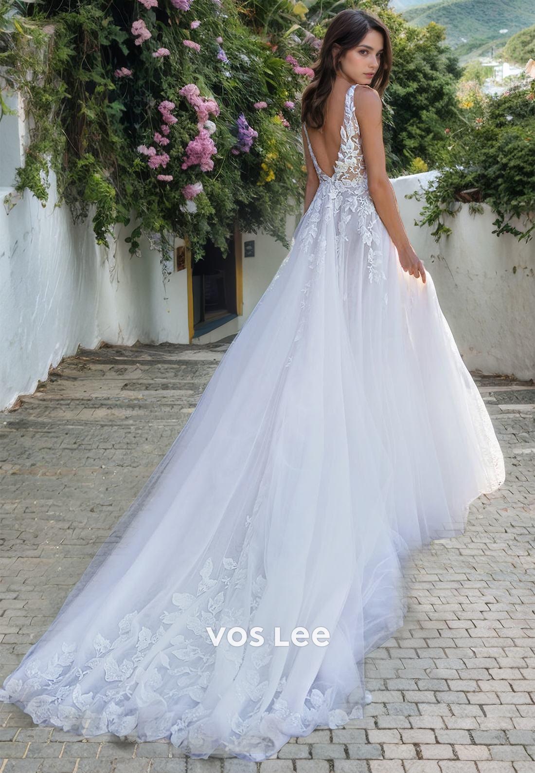 Boho A-Line Low-V-Neck Open Back Chapel Train Tulle Wedding Dress with Appliques