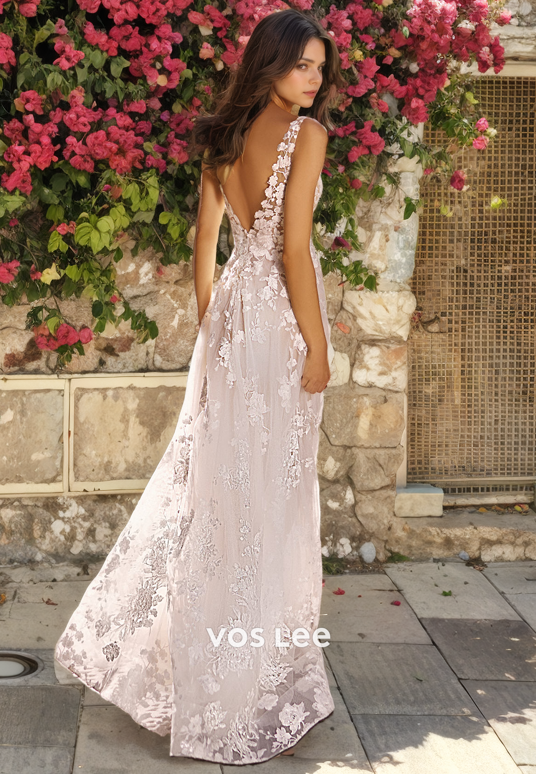 Boho A-Line Low-V-Neck Lace Wedding Dress/Beach Wedding Dress