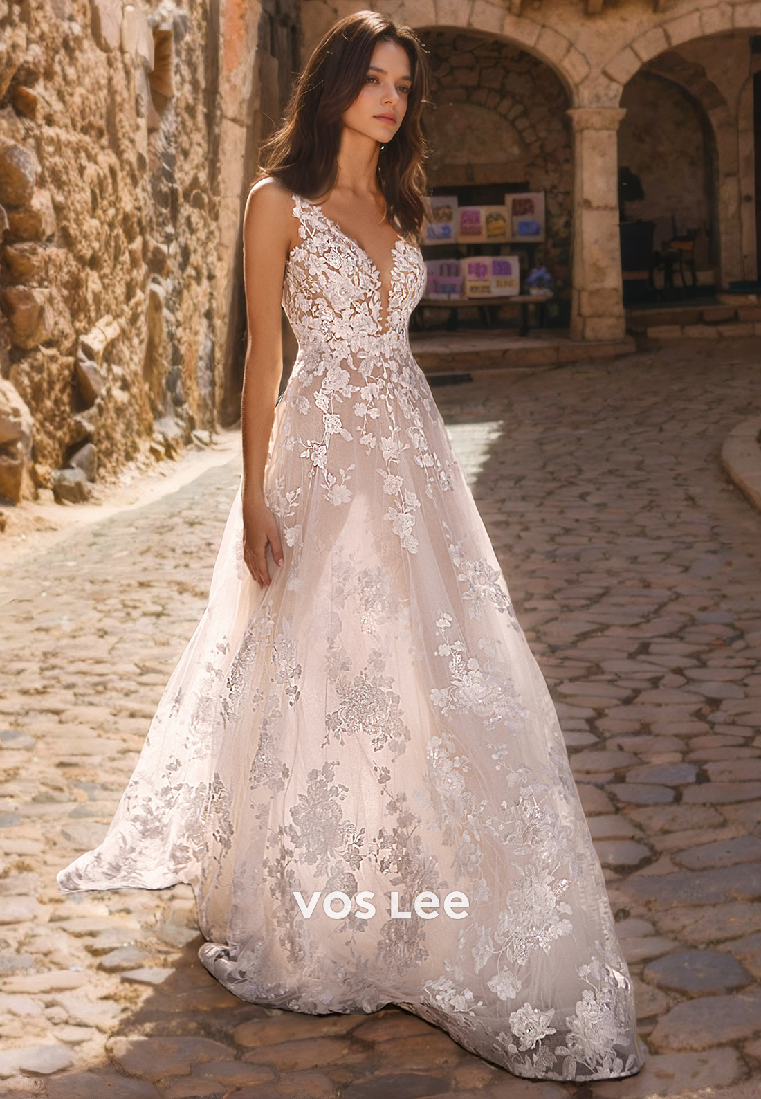 Boho A-Line Low-V-Neck Lace Wedding Dress/Beach Wedding Dress