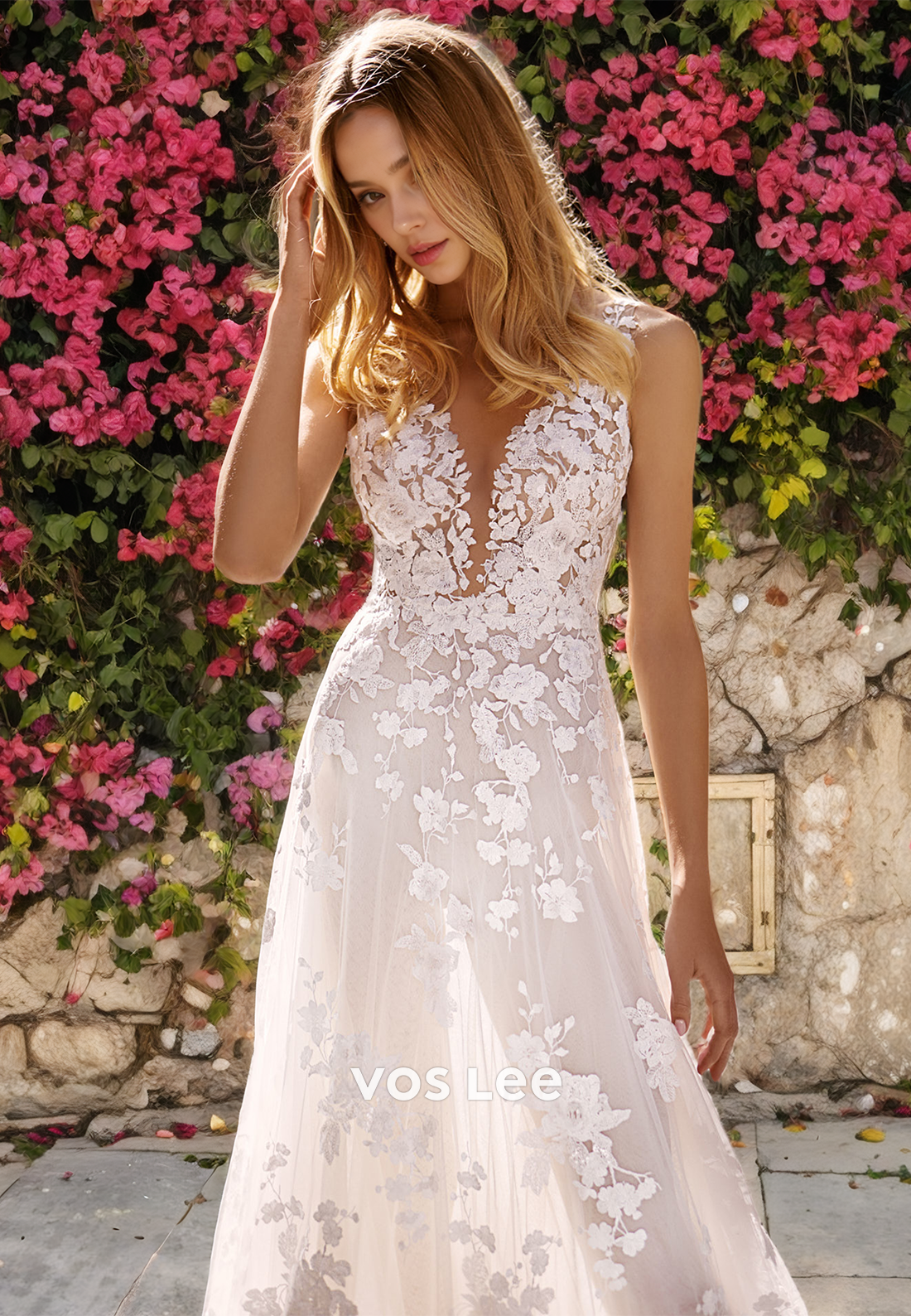 Boho A-Line Low-V-Neck Lace Wedding Dress/Beach Wedding Dress