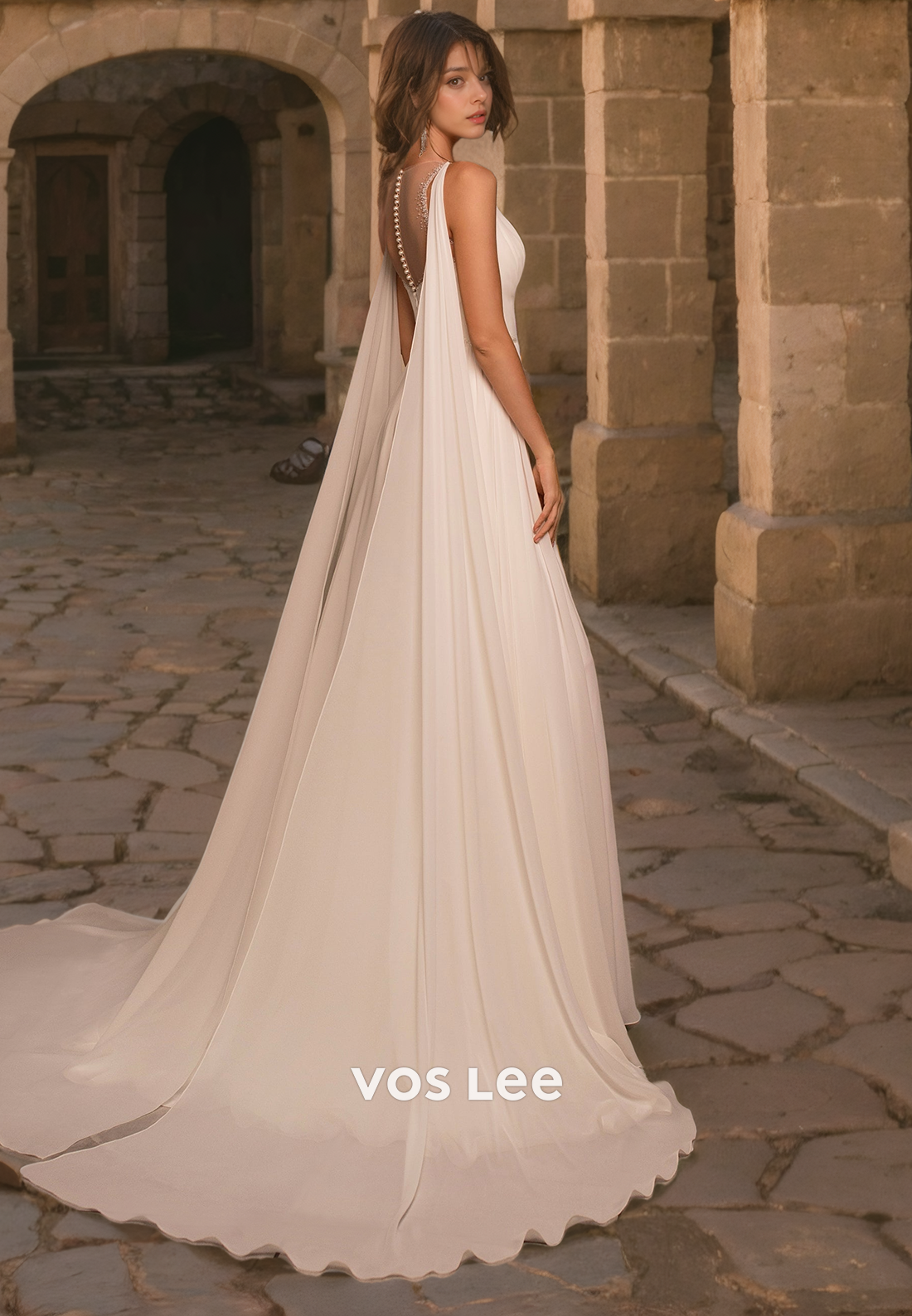 A-Line V-Neck Chiffon Beach Wedding Dress with High Slit