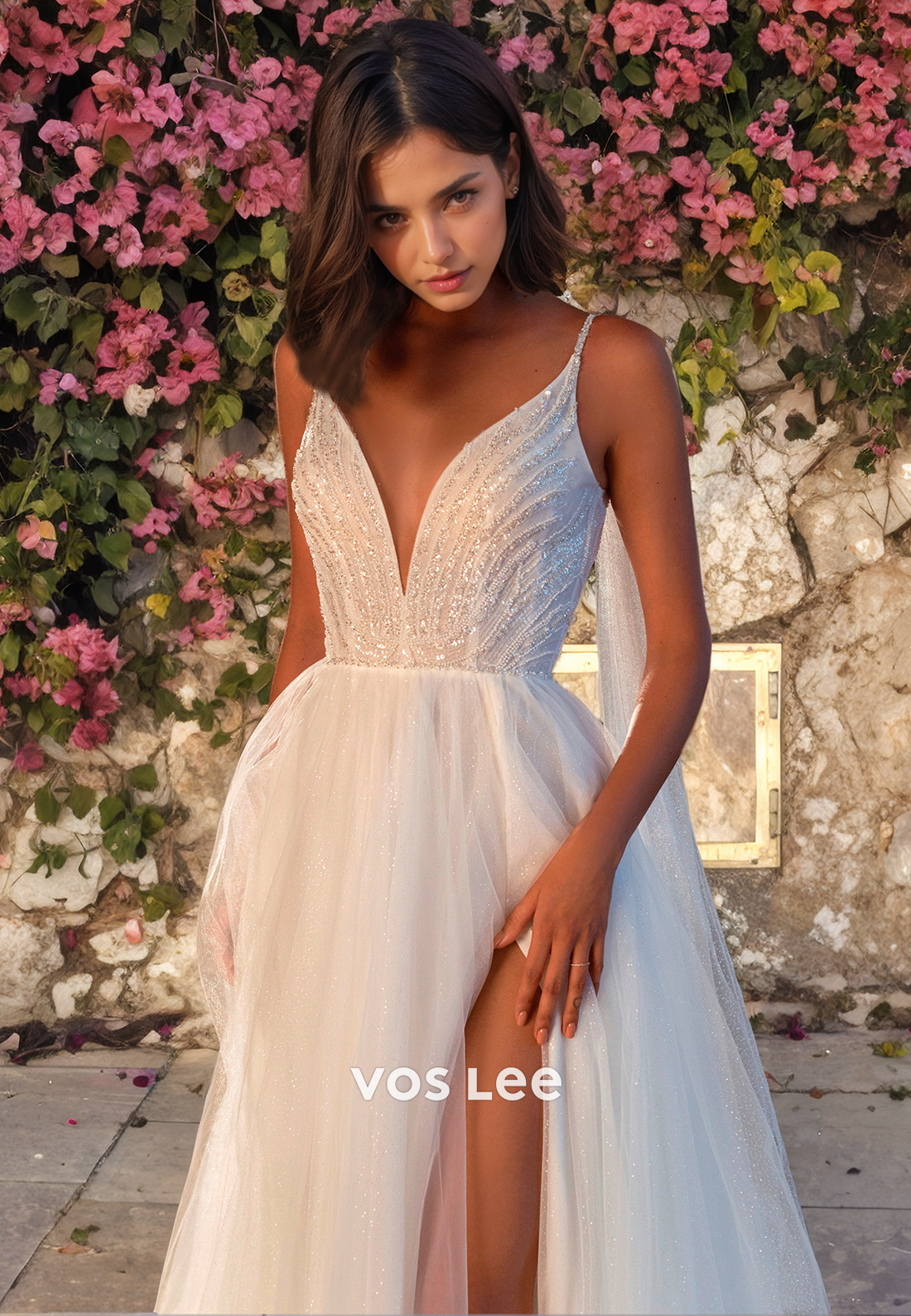A-Line V-Neck Chiffon Beach Wedding Dress with High Slit