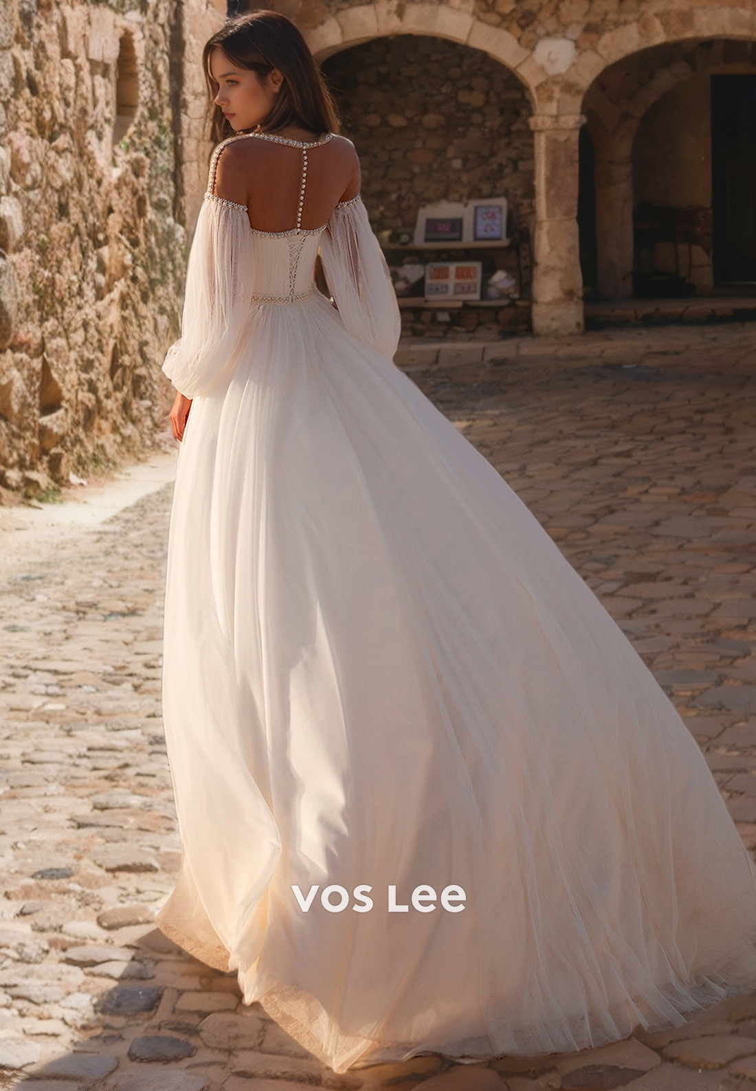 Boho A-Line Bateau Long Sleeves Tulle Beach Wedding Dress with Beaded Sashes